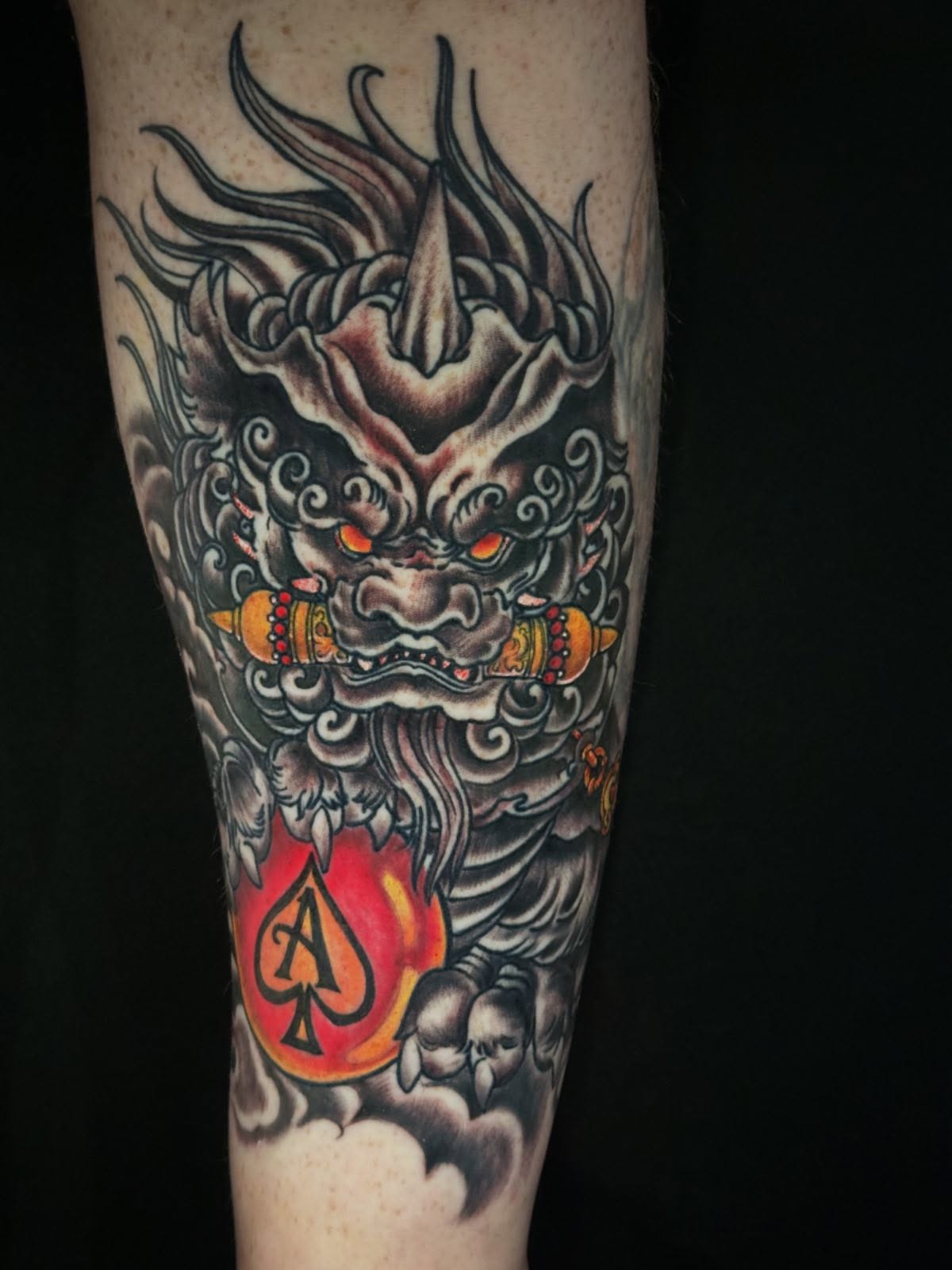 Demon mask japanese irezumi tattoo on the forearm by George Zabala, Rockdale, Illinois