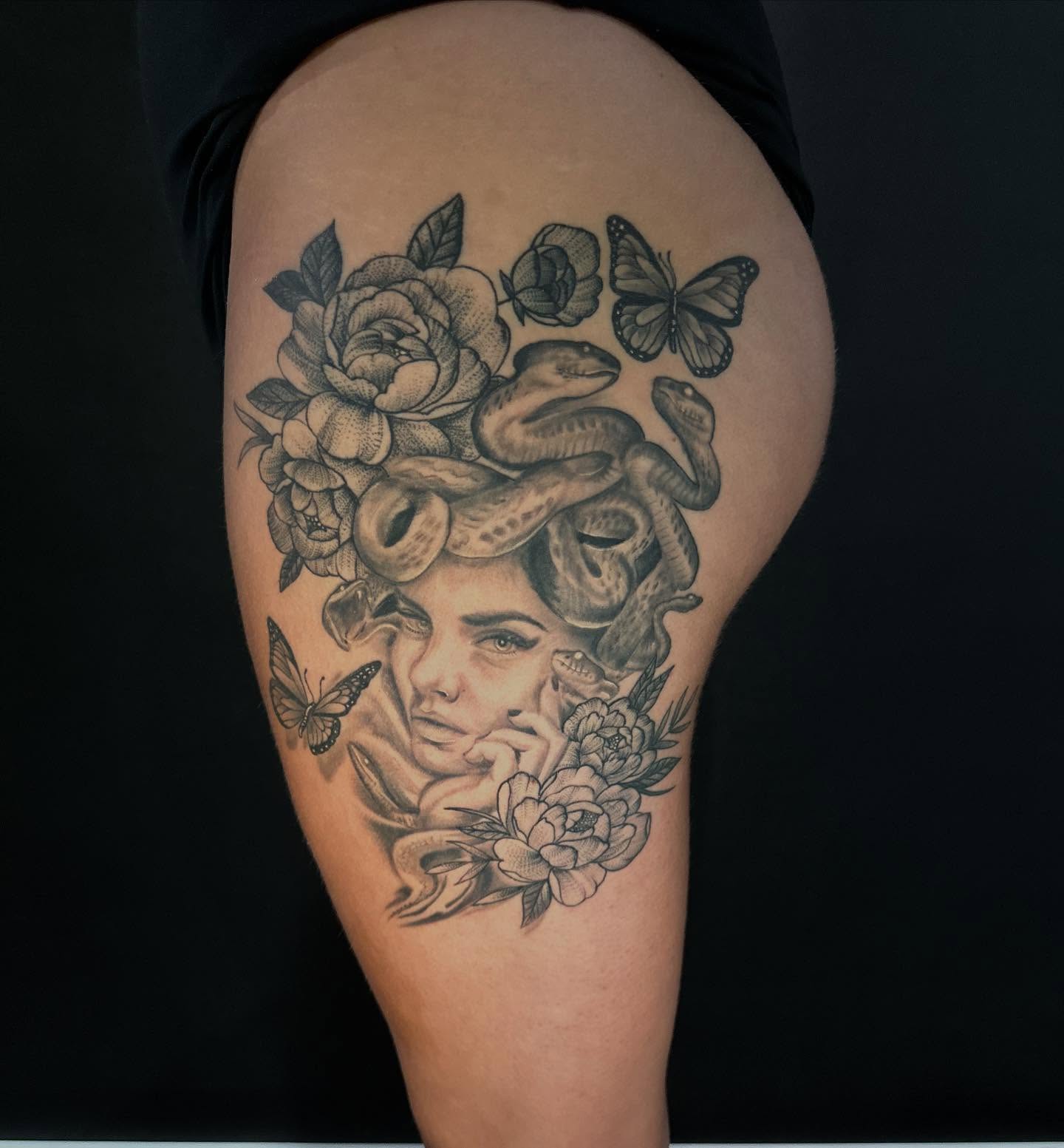 Medusa realism tattoo on the thigh by George Zabala, Rockdale, Illinois