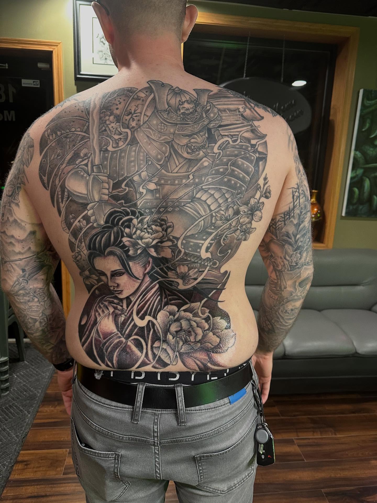 Samurai and geisha japanese irezumi tattoo on the back by George Zabala, Rockdale, Illinois