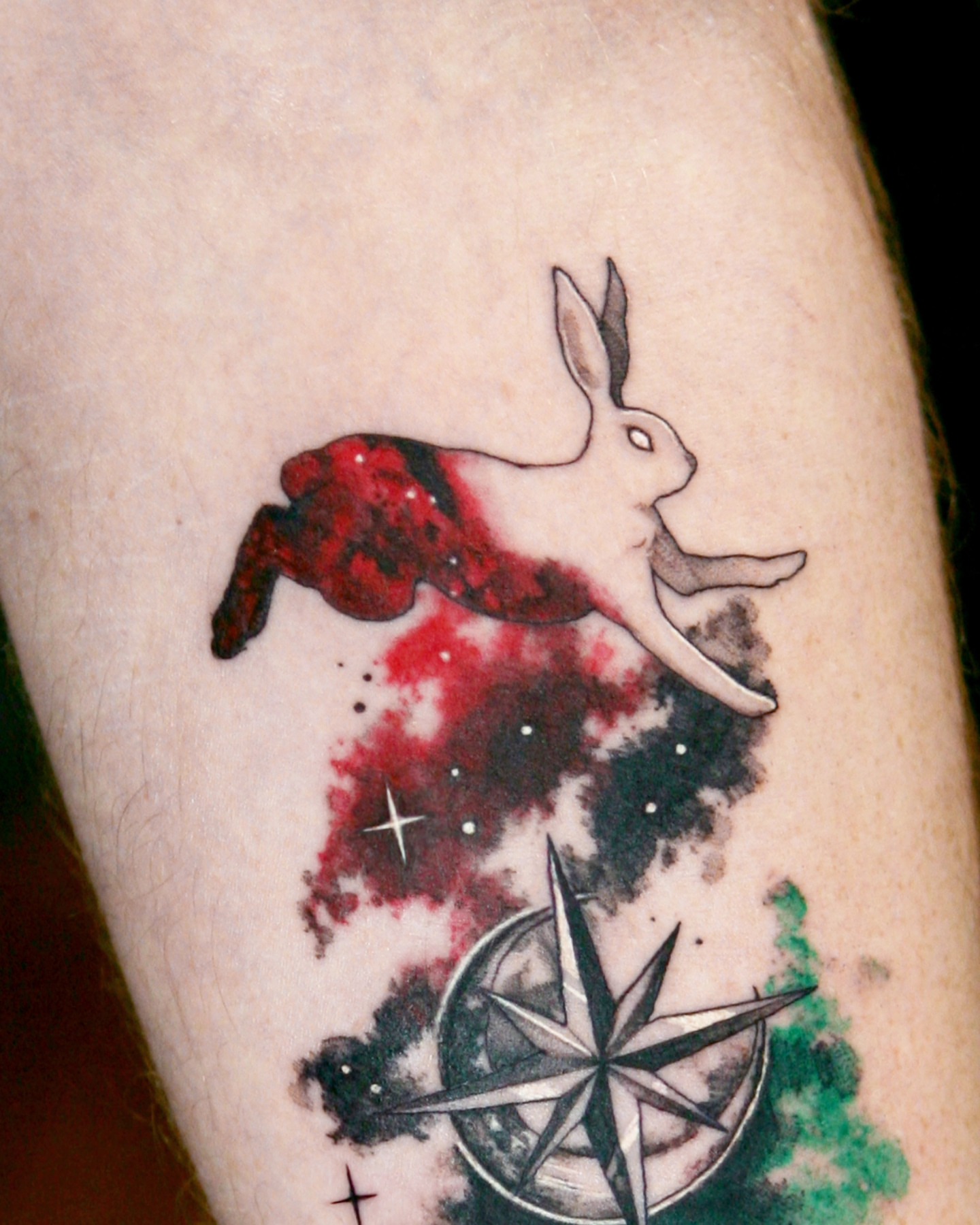 Galactic rabbit dotwork tattoo on the forearm by danha_seoul tattooist