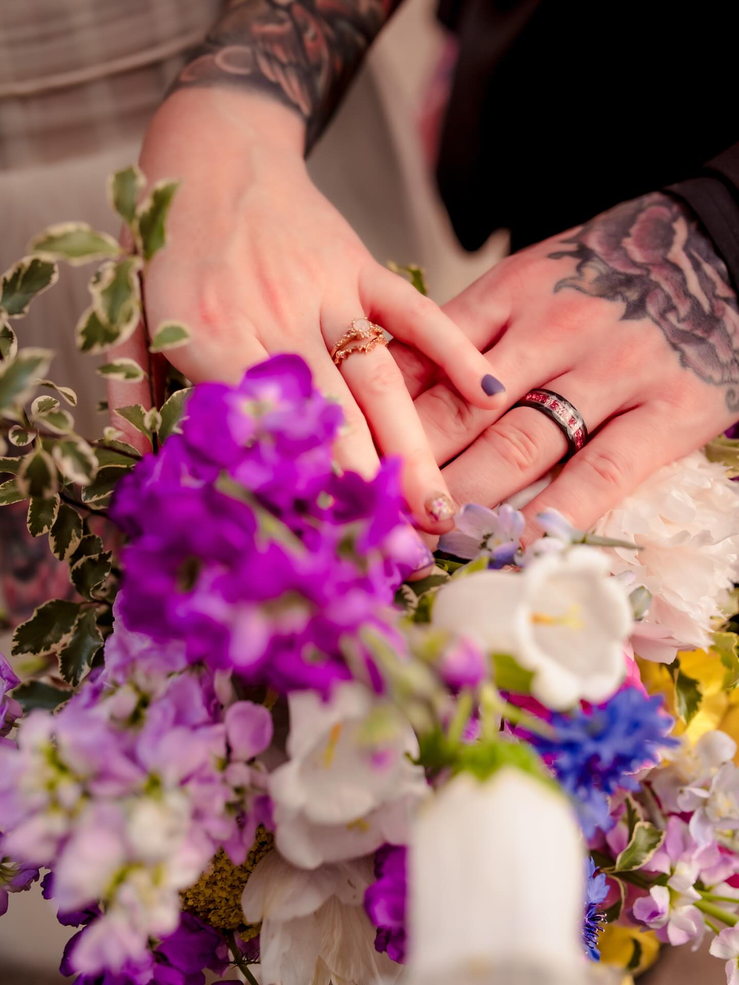 Wedding rings black and grey tattoo on the hand by Leah Marie, Cincinnati