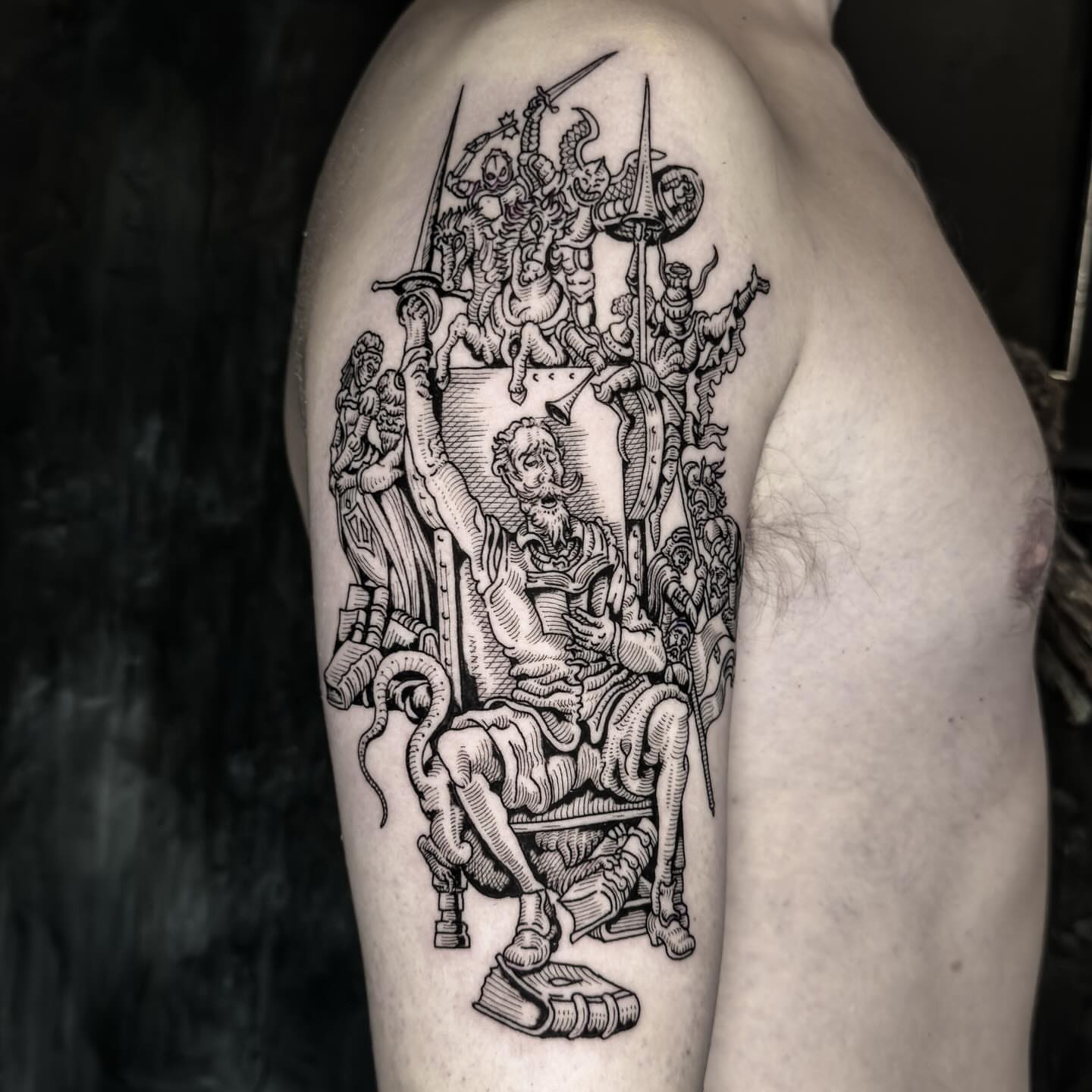 Kingdom scene illustrative tattoo on the thigh by Dokk