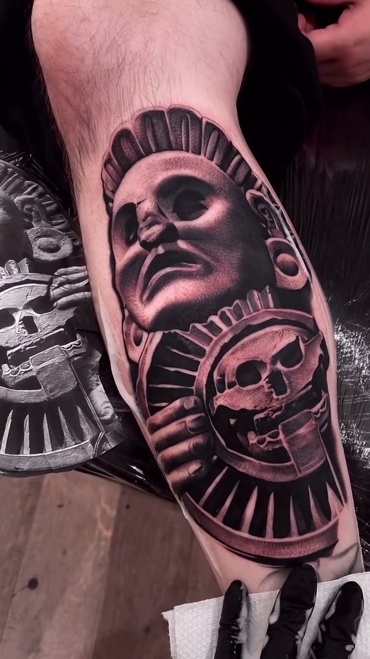 Aztec warrior and skull realism tattoo by Erick Gutierrez, Las Vegas, Nevada