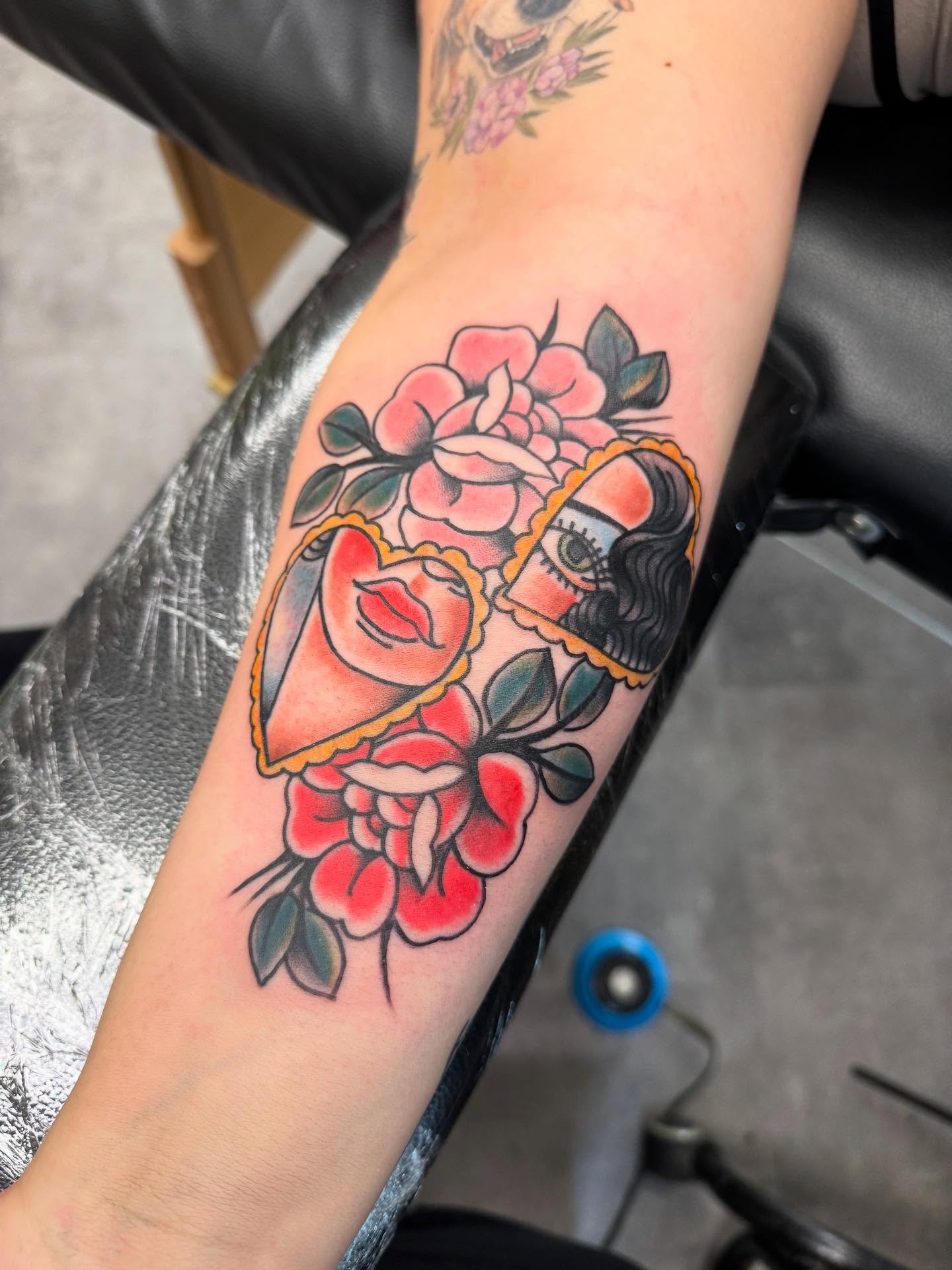 Mask and roses American traditional tattoo on the forearm by 𝗞𝗮𝘁 𝗕𝗹𝗮𝗻𝗸𝗲𝗻𝘀𝗵𝗶𝗽