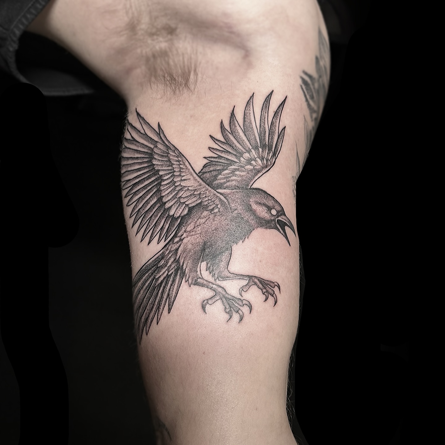 Crow black and grey tattoo on the forearm by Rafael Alfredo Armas Hoyos, Salt Lake City, Utah