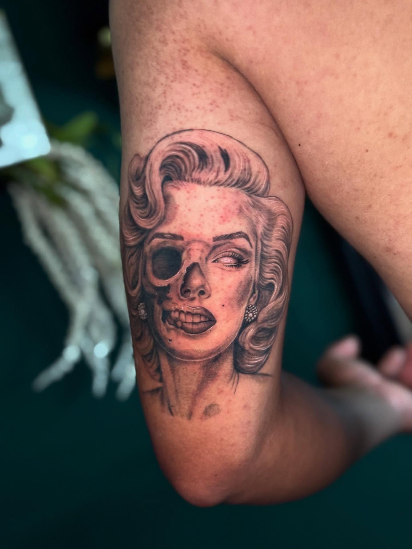 Skull realism tattoo on the forearm by Leslea Hipp