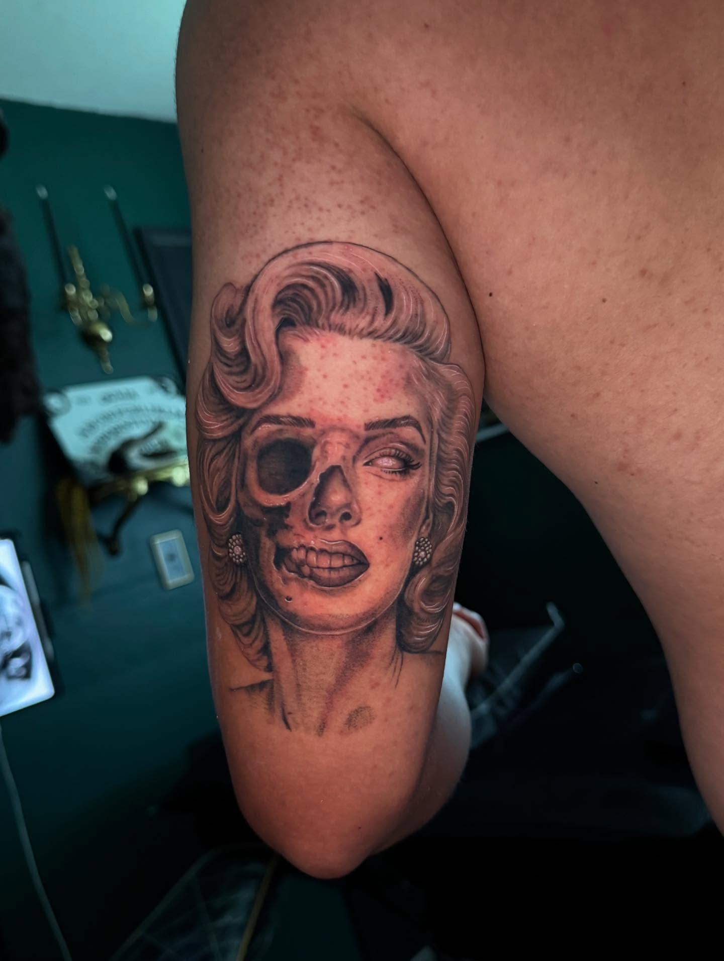 Skull realism tattoo on the forearm by Leslea Hipp