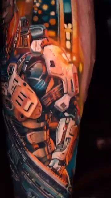 Sci-fi character with gun realism tattoo by D A N N y L I N