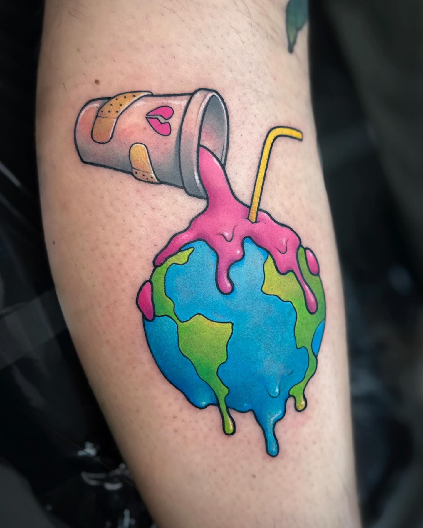 Melting Earth new school tattoo on the forearm by Lena Aleksandrova