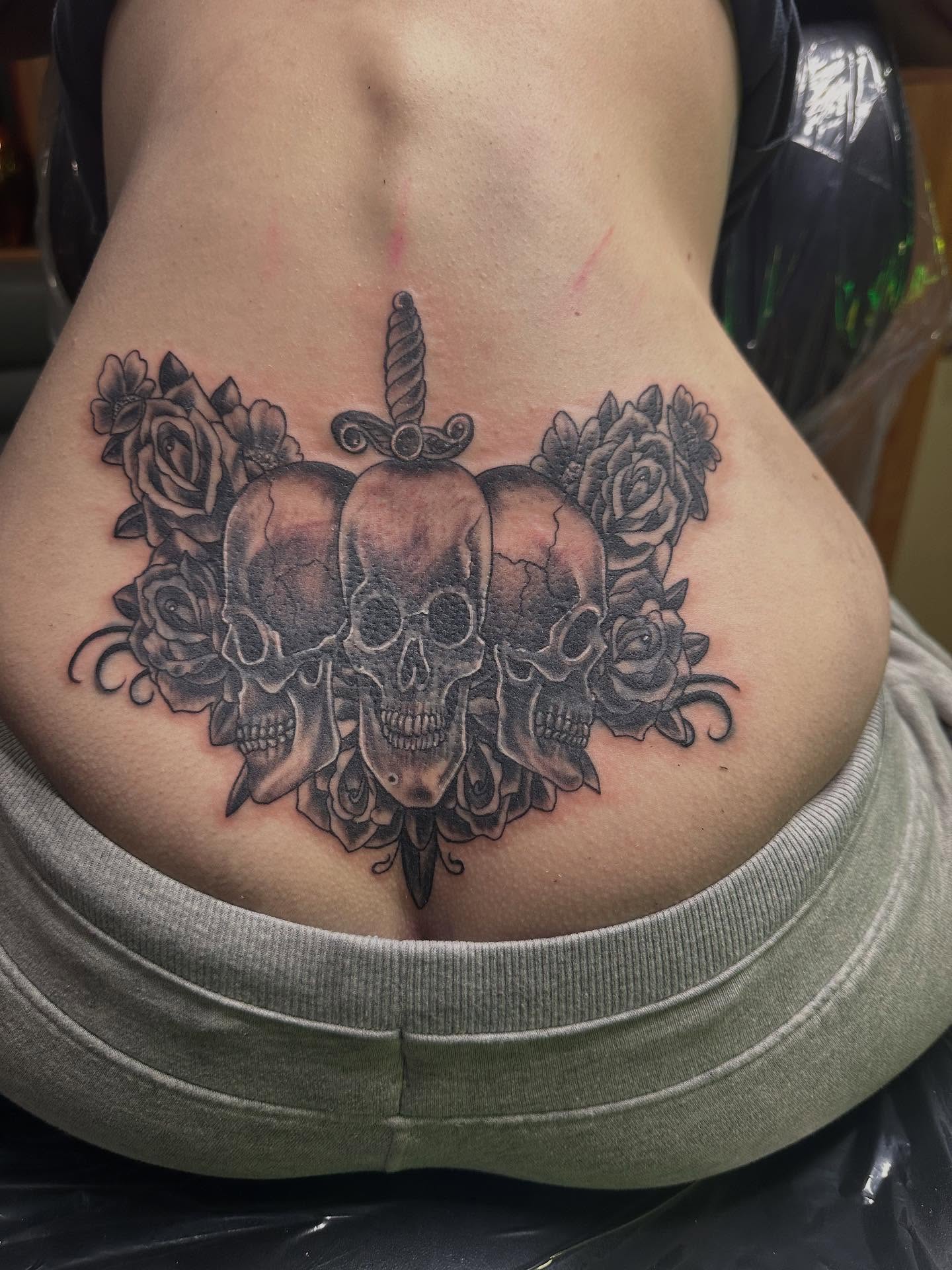 Skulls and roses realism tattoo on the torso by George Zabala, Rockdale, Illinois