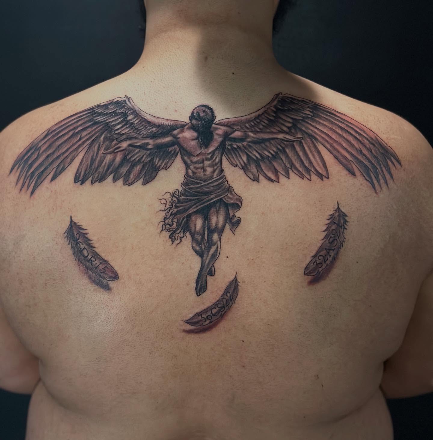 Angel black and grey tattoo on the back by George Zabala, Rockdale, Illinois