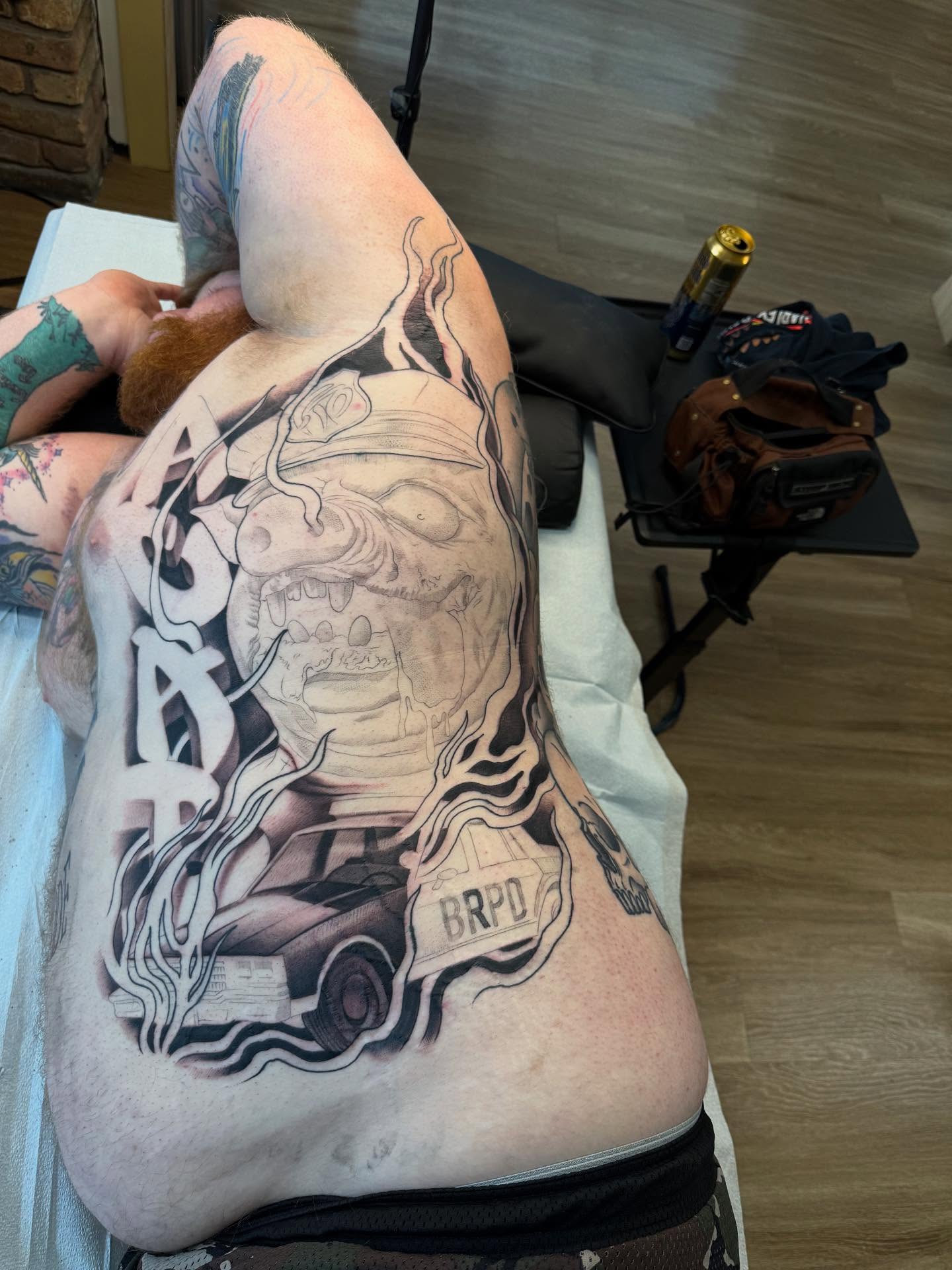 Skull and motorcycle realism tattoo on the thigh by Bryan ๐ฅ Loggins, Baton Rouge, Louisiana