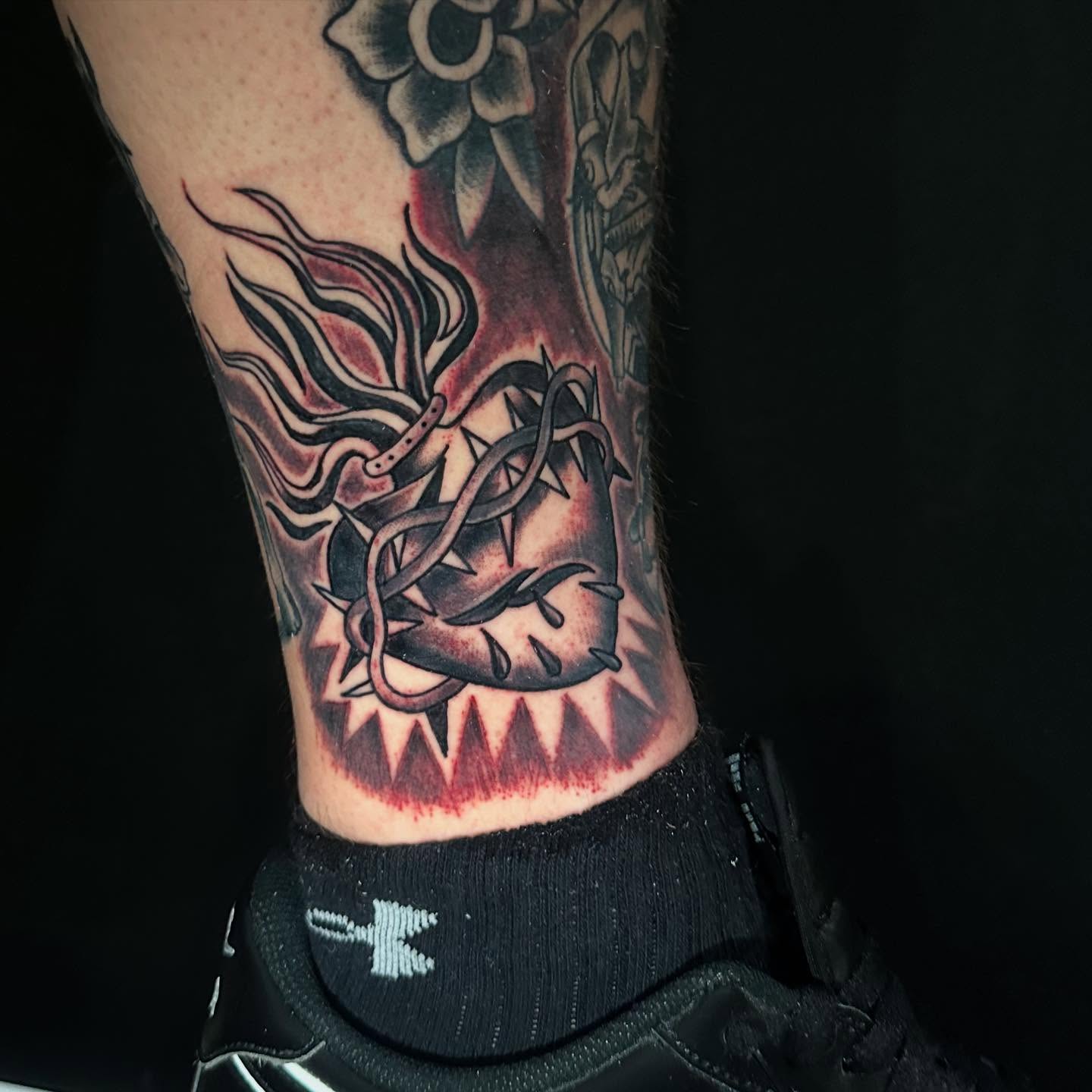 Dragon black and grey tattoo on the calf by George Zabala, Rockdale, Illinois