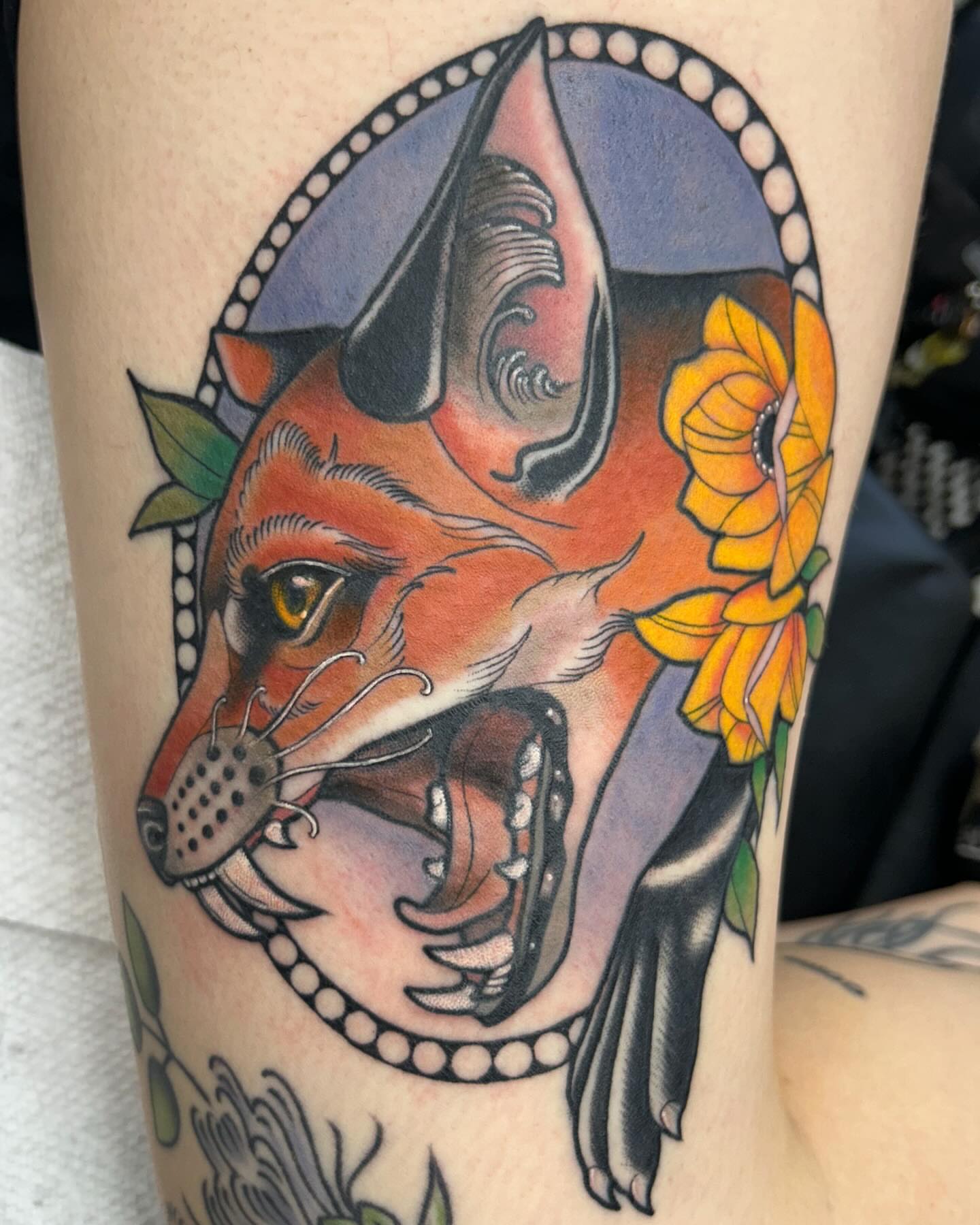 Fox American traditional tattoo on the forearm by Tiffany Vargas