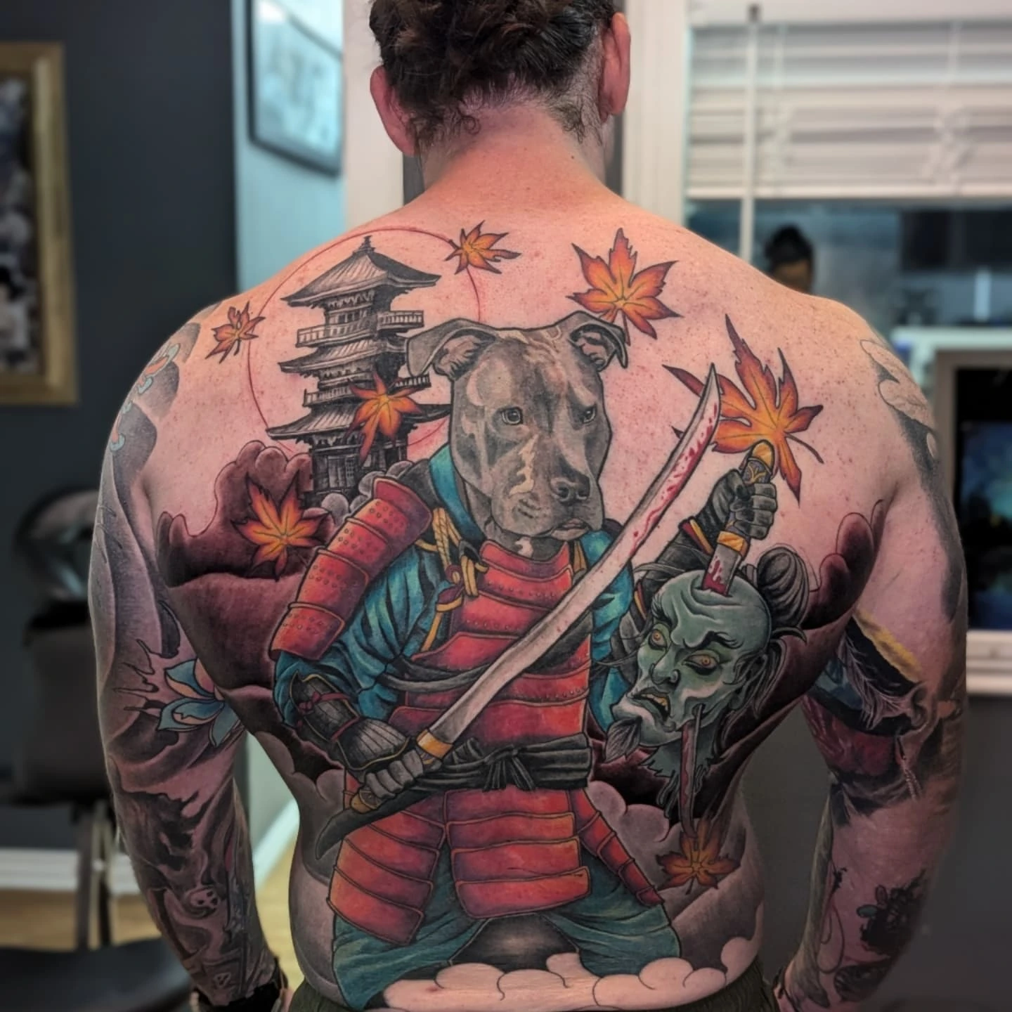 Dog samurai japanese irezumi tattoo on the back by Bethany Jane Tattoos