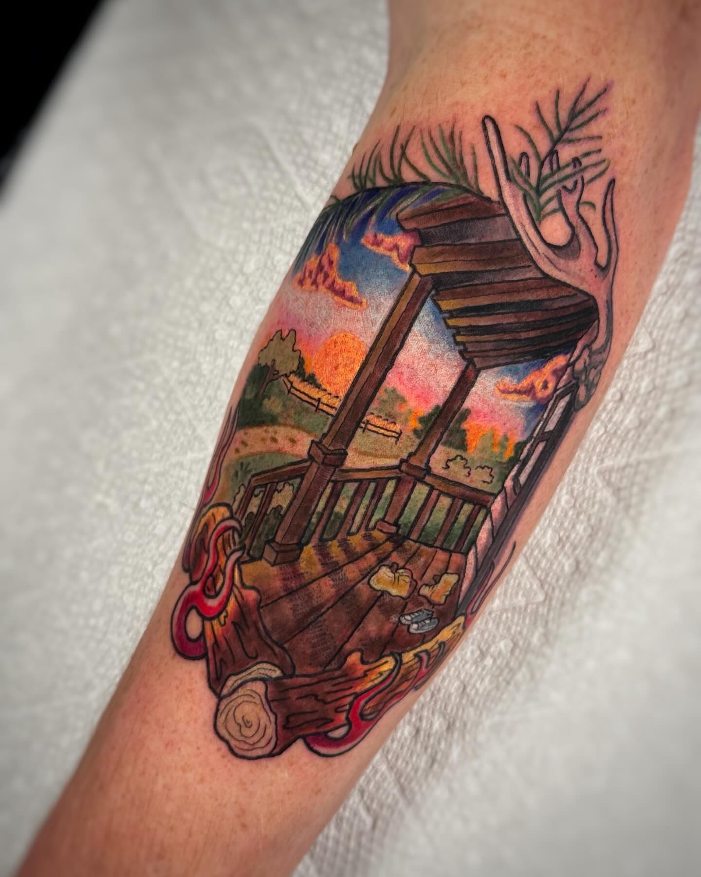 Porch scene American traditional tattoo on the forearm by Anna Saveria