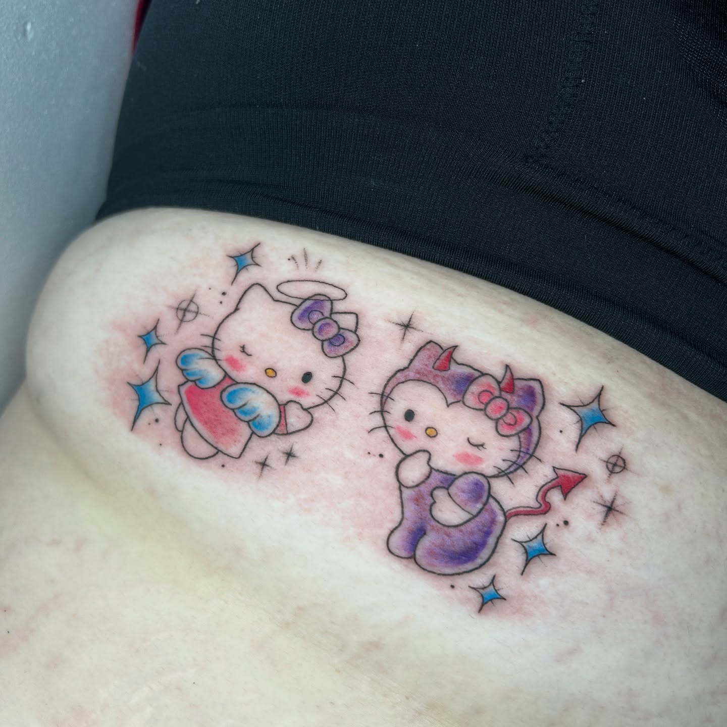 Hello Kitty illustrative tattoo on the thigh by *♡+:・゚* caroline ✩*:・゚✧*:・゚
