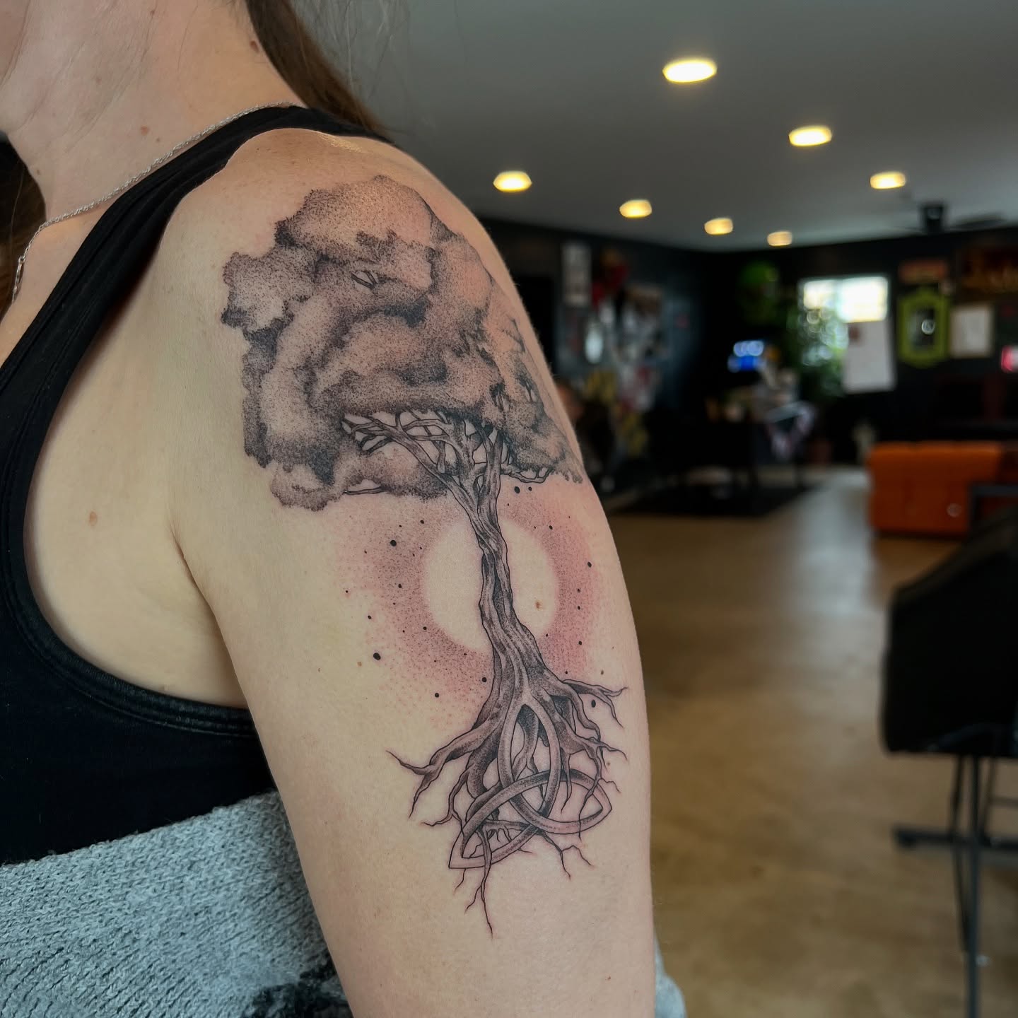 Tree dotwork tattoo on the shoulder by Dom