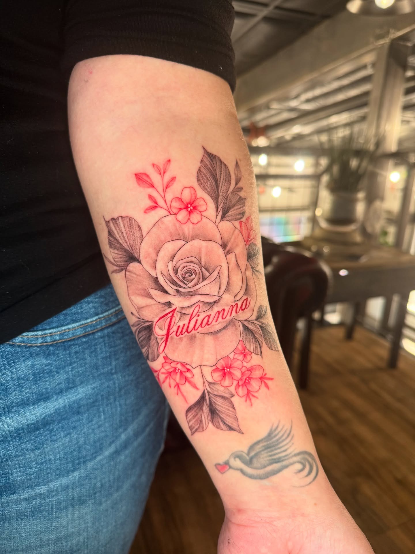 Rose with name realism tattoo on the forearm by πππππ βππ£π£ππ€ππ , Tucson, Arizona
