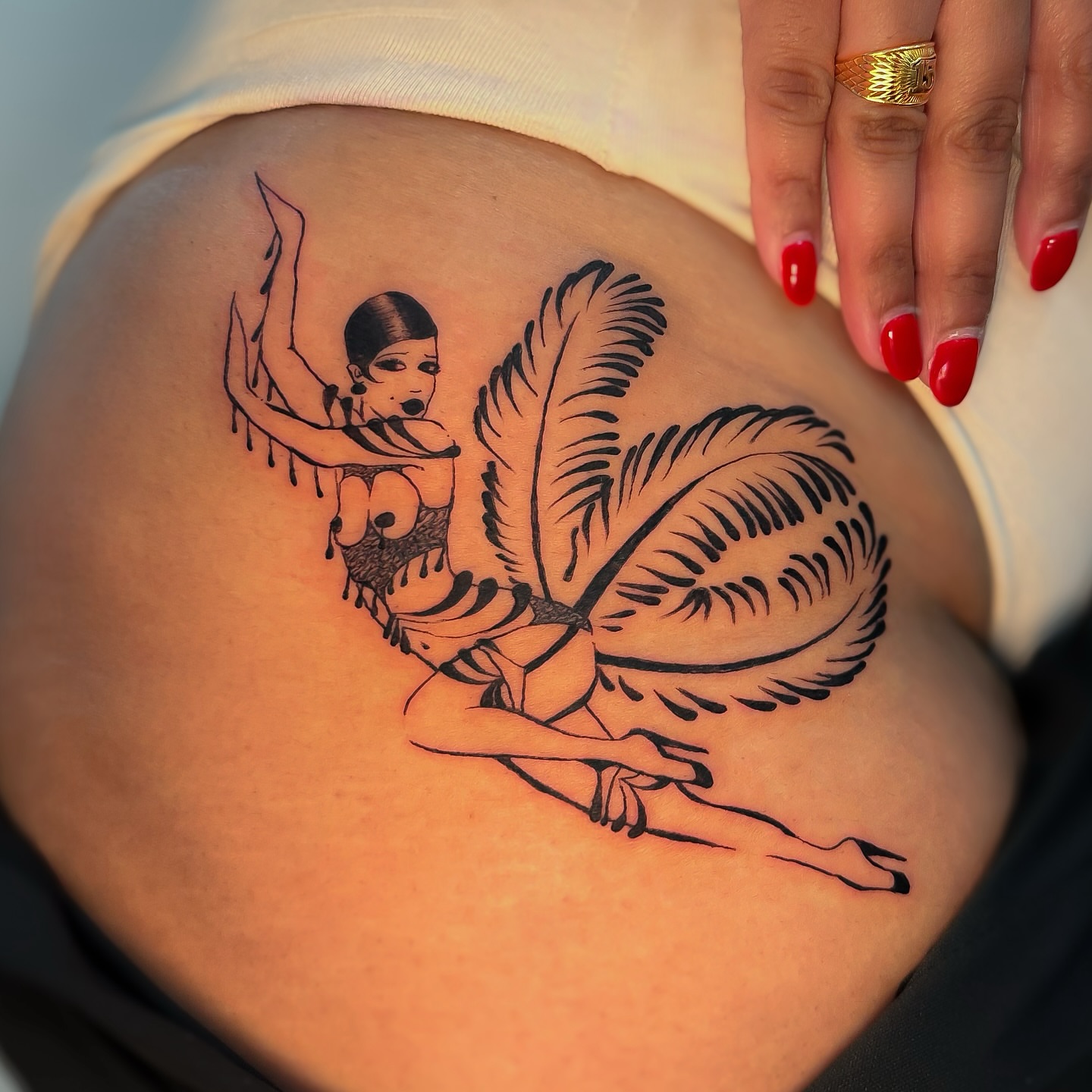Dancer with palm leaves black and grey tattoo on the torso by ༺♡༻ Melia’s Dolls ༺♡༻