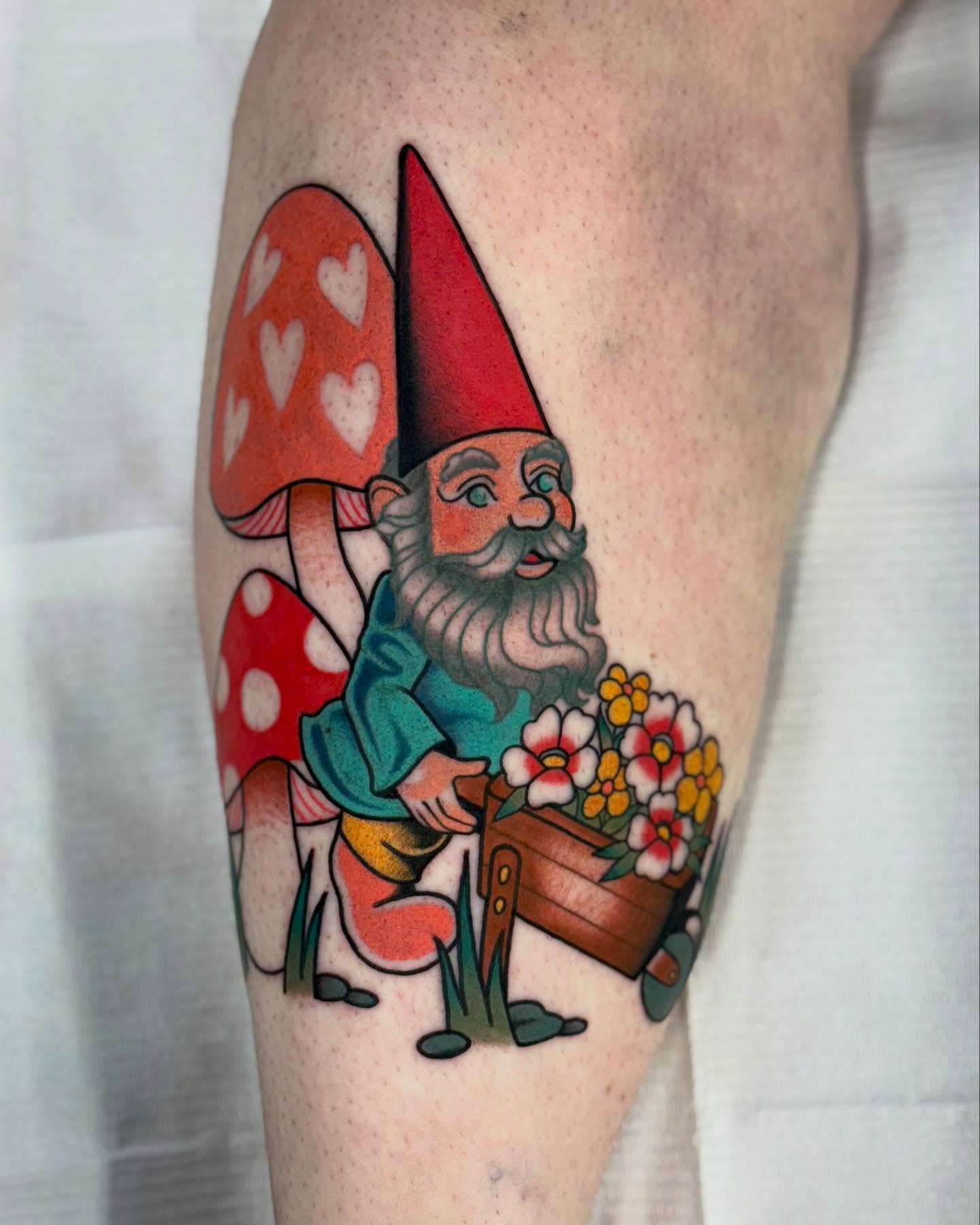 Gnome with flowers American traditional tattoo on the forearm by Sierra Hiddleson- Phoenix Arizona Tattoo