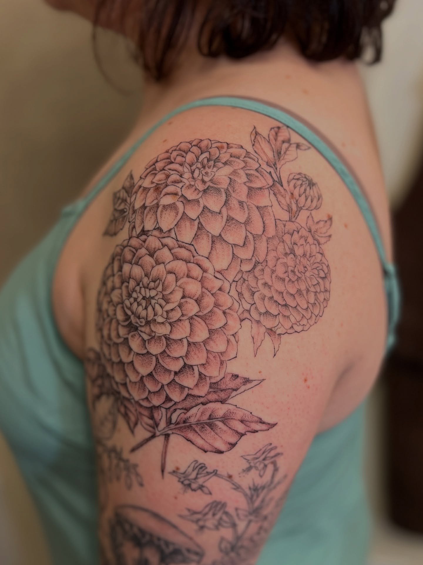 Dahlia flowers dotwork tattoo on the shoulder by Kelsi Hooper, Seattle, Washington