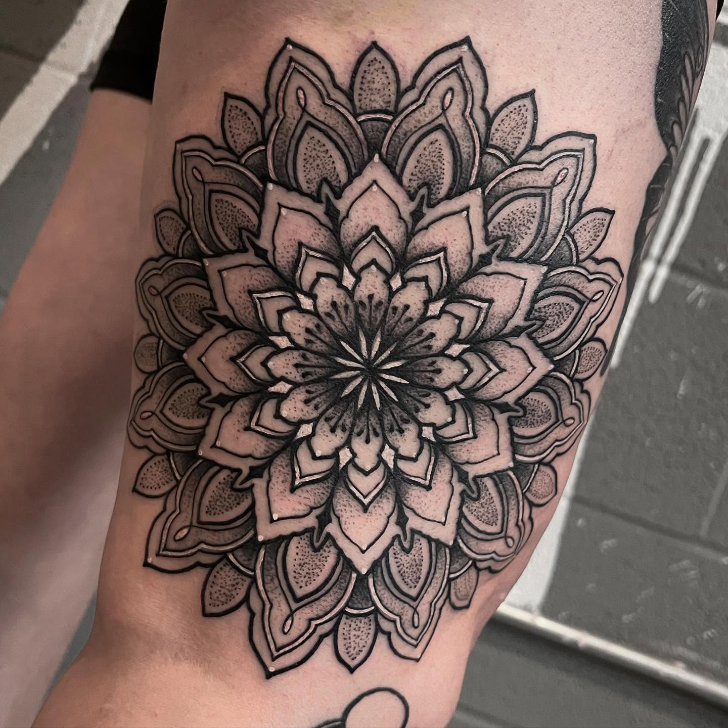 Mandala dotwork tattoo on the forearm by Brandon Mola, Chicago, Illinois