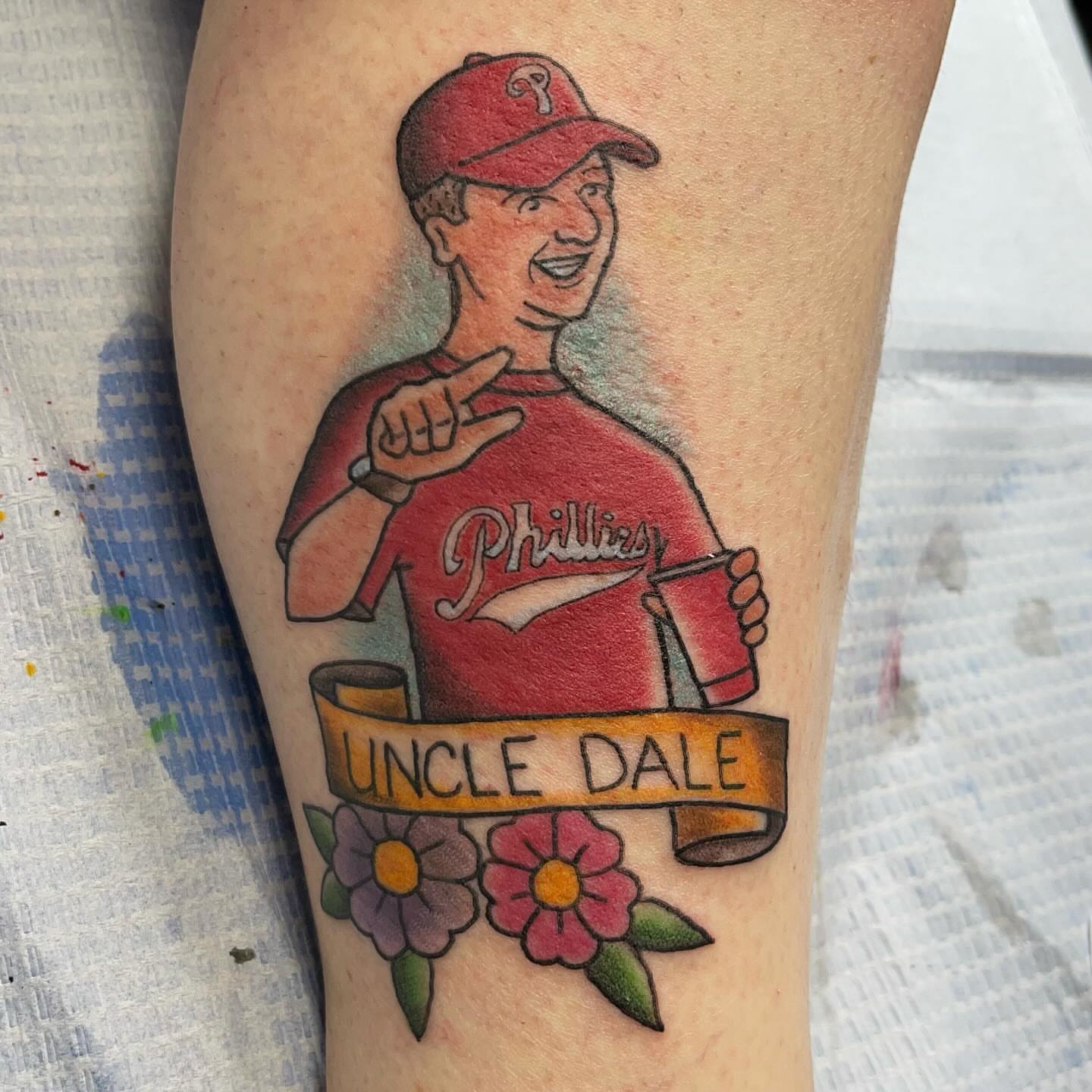 Uncle Dale American traditional tattoo on the forearm by Sue Garcia