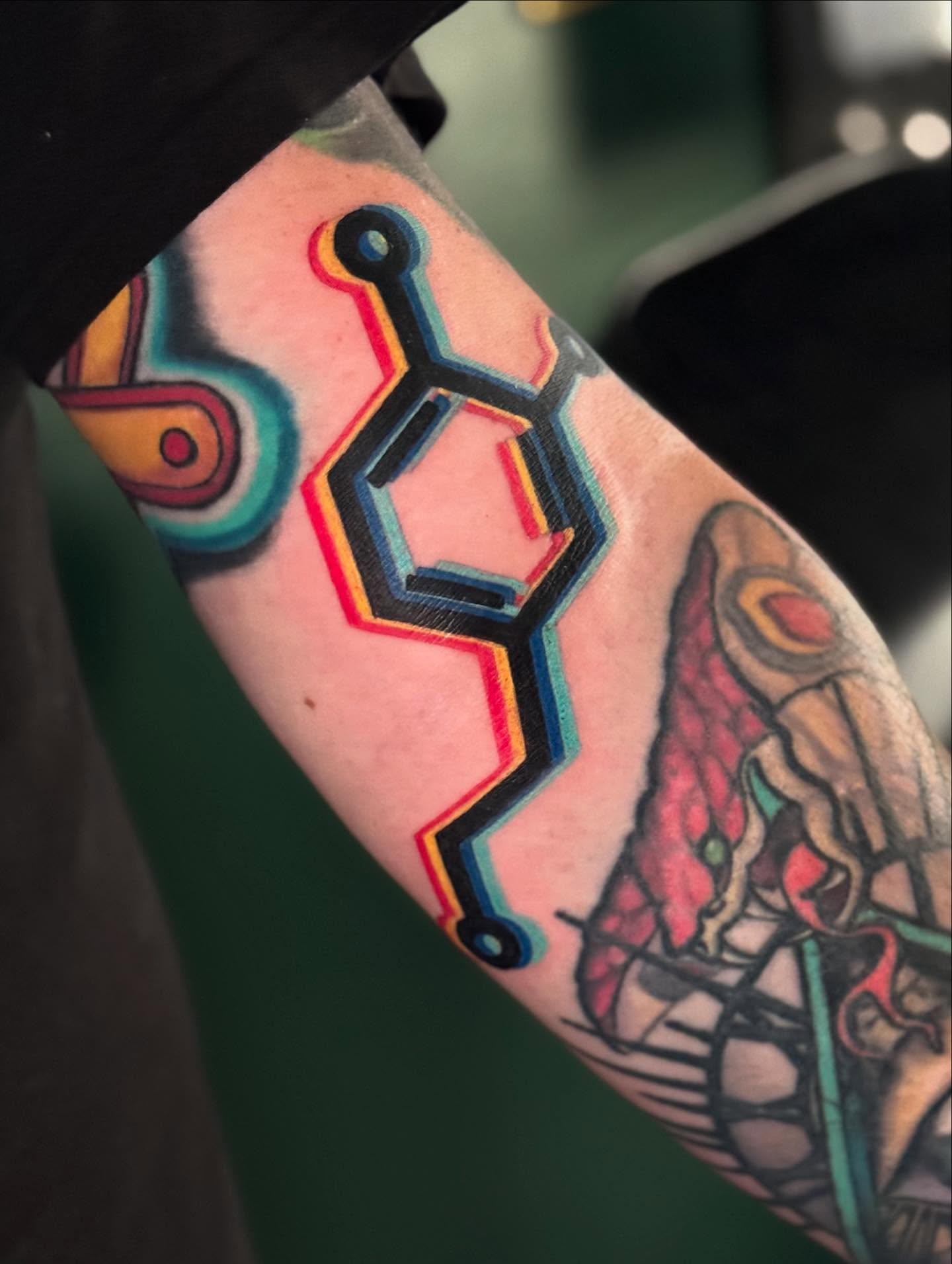 Chemical structure geometric tattoo on the forearm by Leslea Hipp