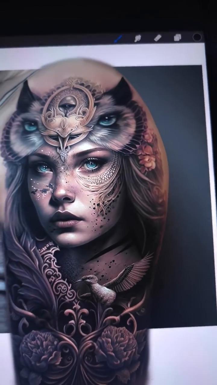 Woman with owl headdress realism tattoo by Xavier NYC TATTOO ARTIST