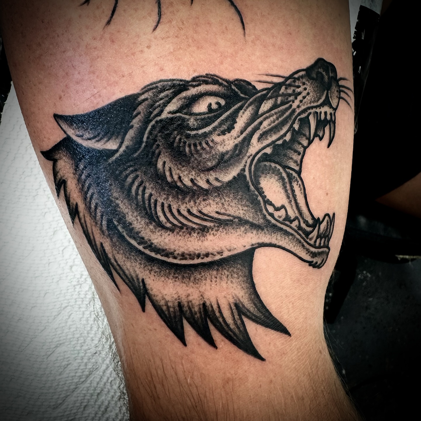 Wolf black and grey tattoo on the thigh by Kristen