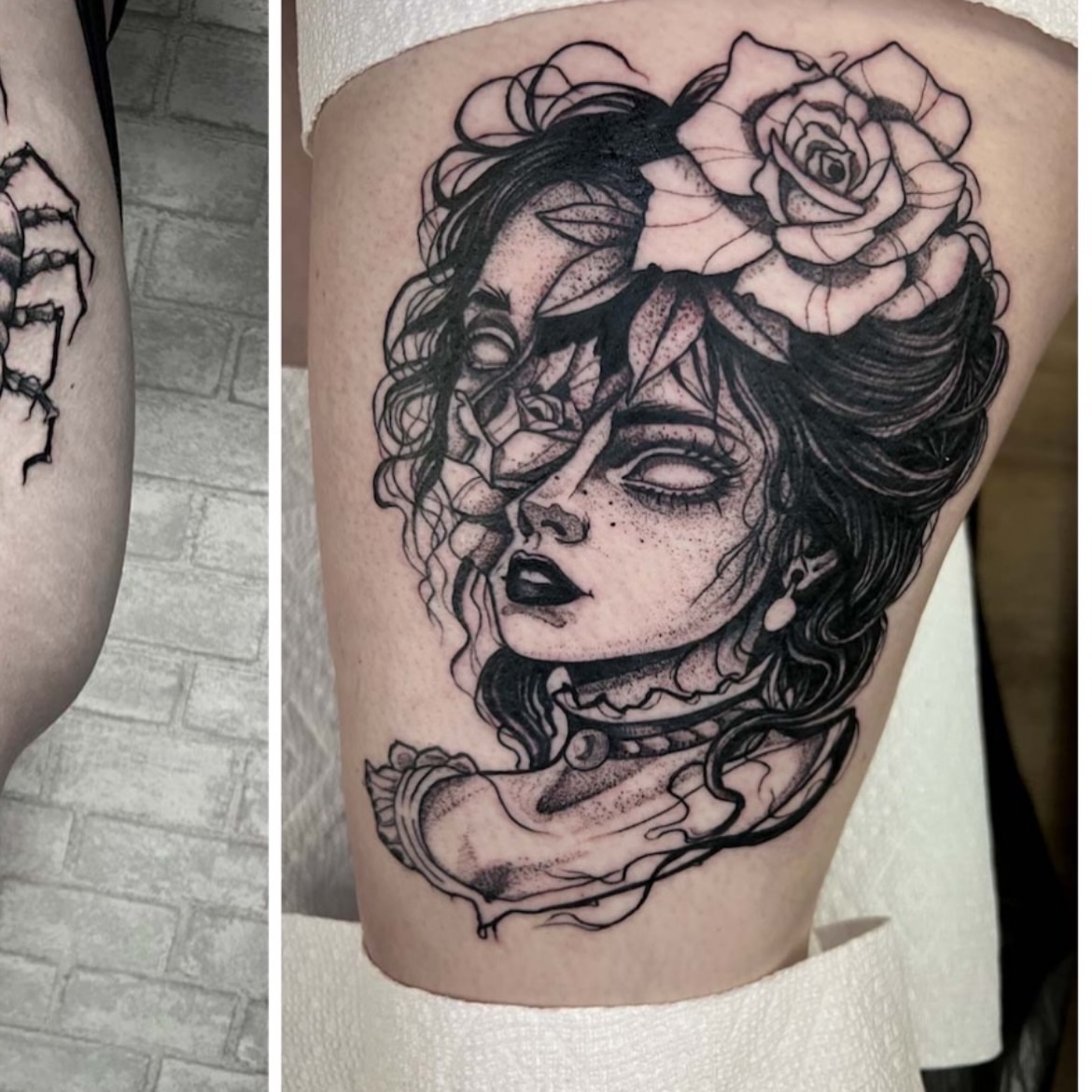 Woman with roses realism tattoo on the thigh by amanda malia wega
