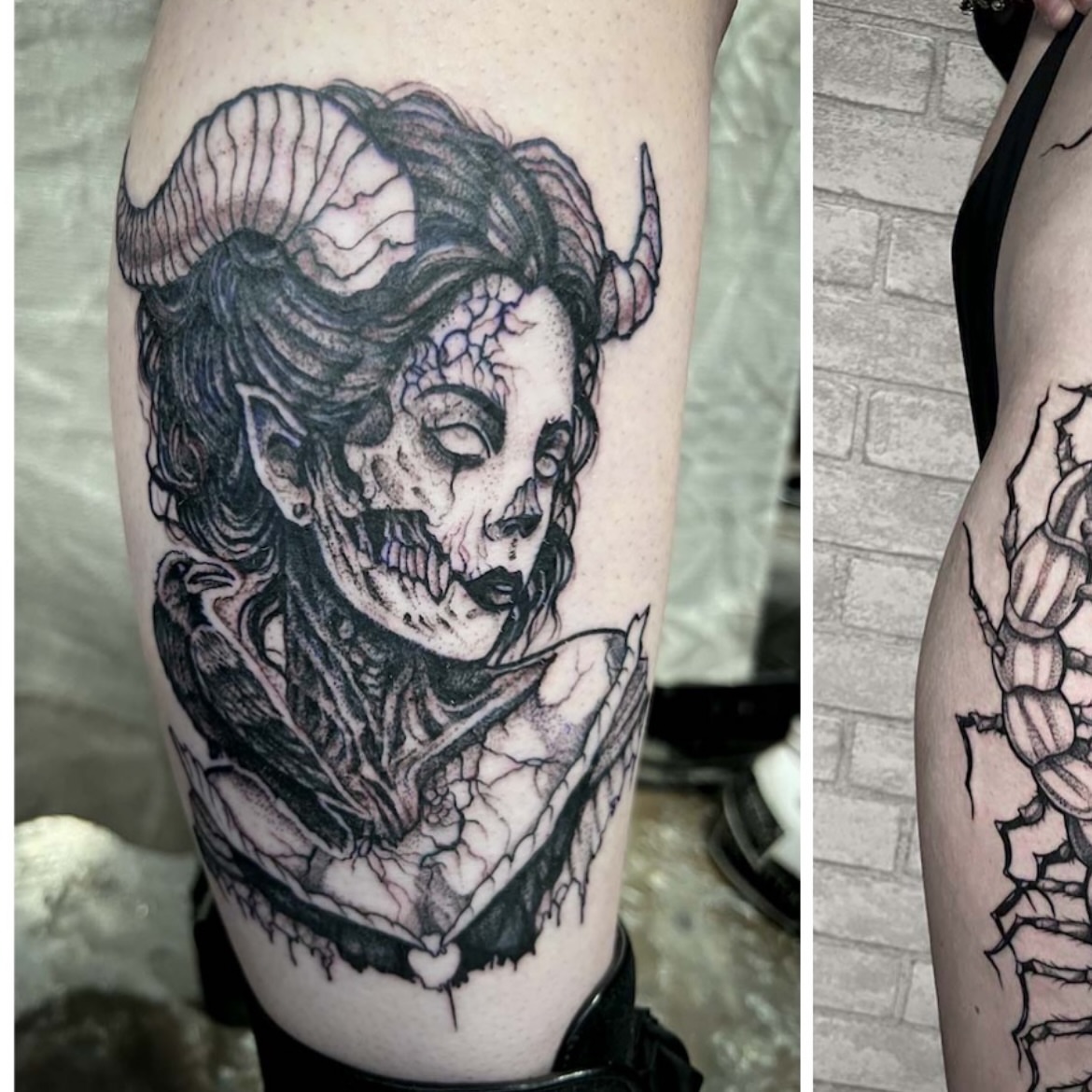 Demon woman dark realism tattoo on the forearm by amanda malia wega