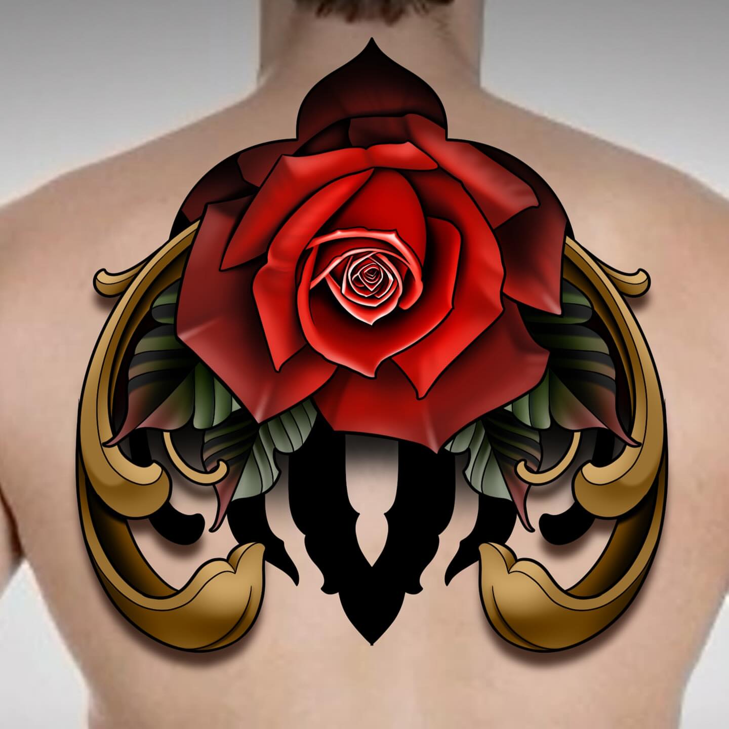 Red rose American traditional tattoo on the back by Joshua Orville Vaughn, Kansas City, Missouri