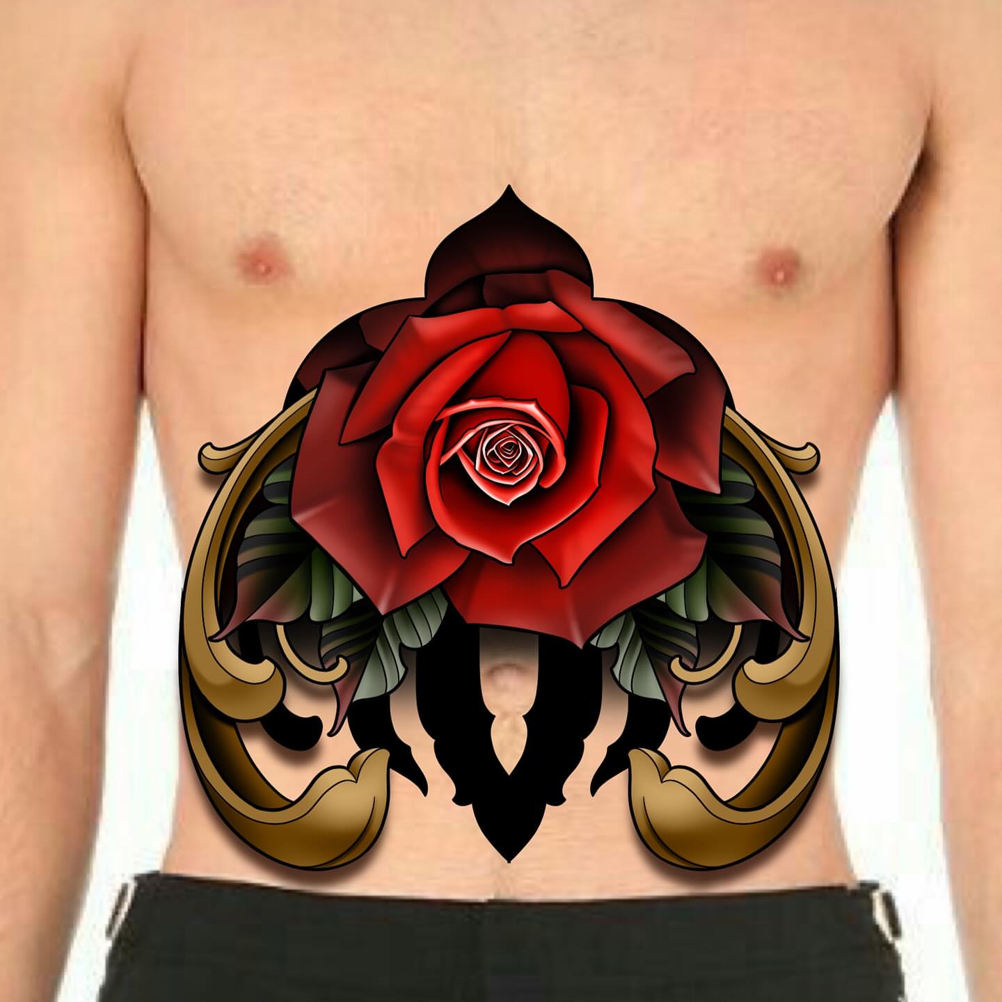Red rose dark realism tattoo on the chest by Joshua Orville Vaughn, Kansas City, Missouri
