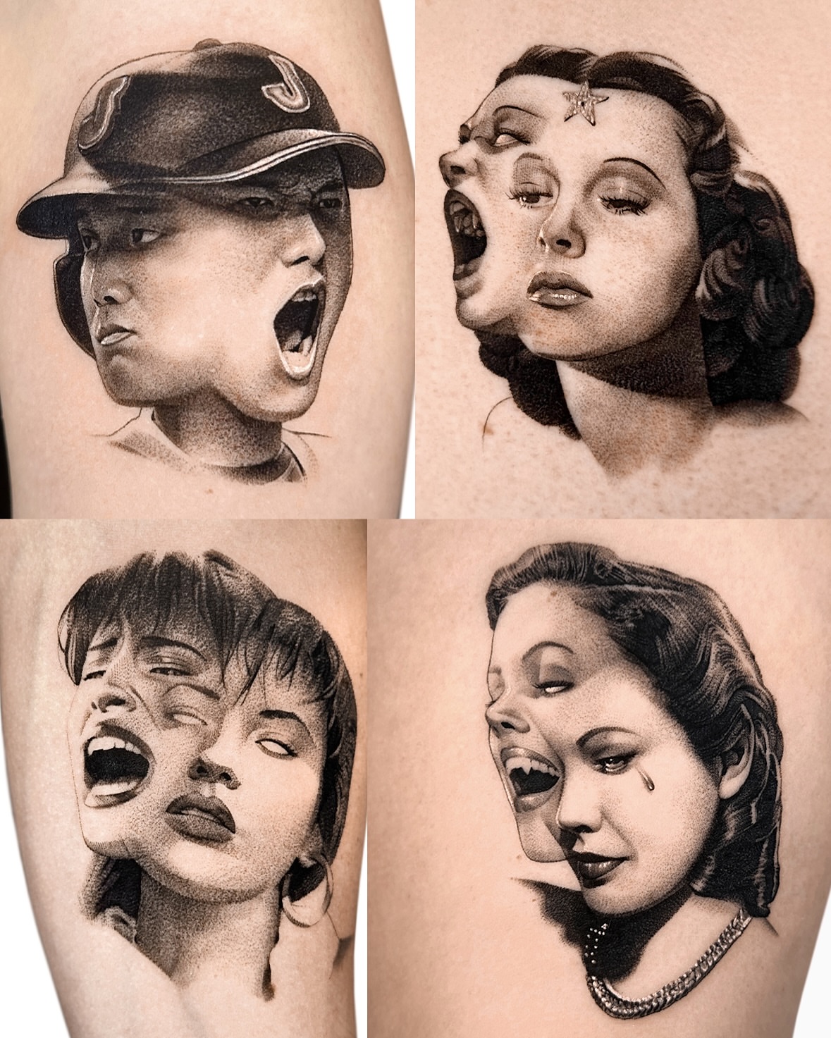 Female faces realism tattoo on the forearm by Saru