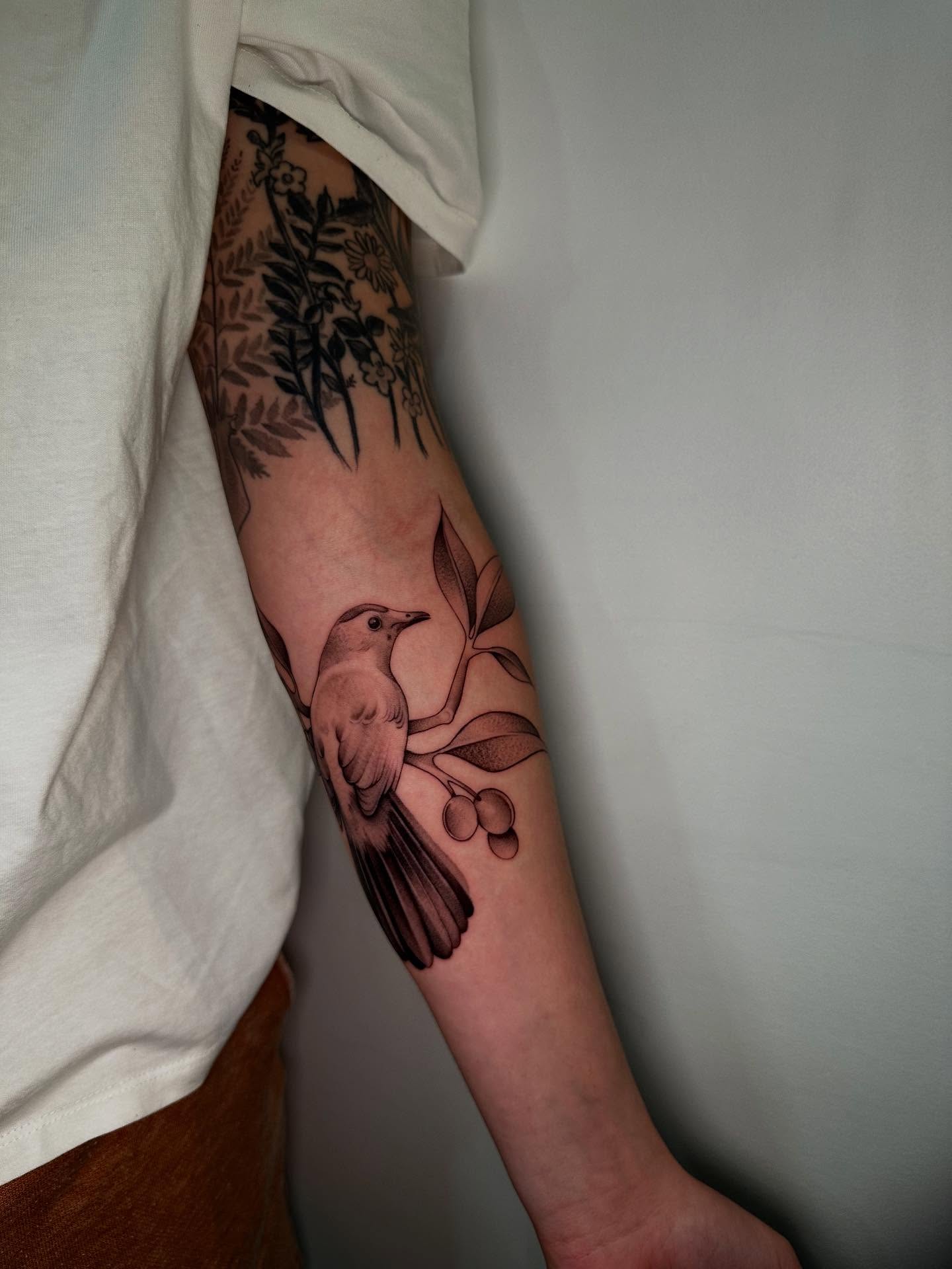 Bird and branch realism tattoo on the forearm by @piinkywabbiit, Roselle Park, New Jersey