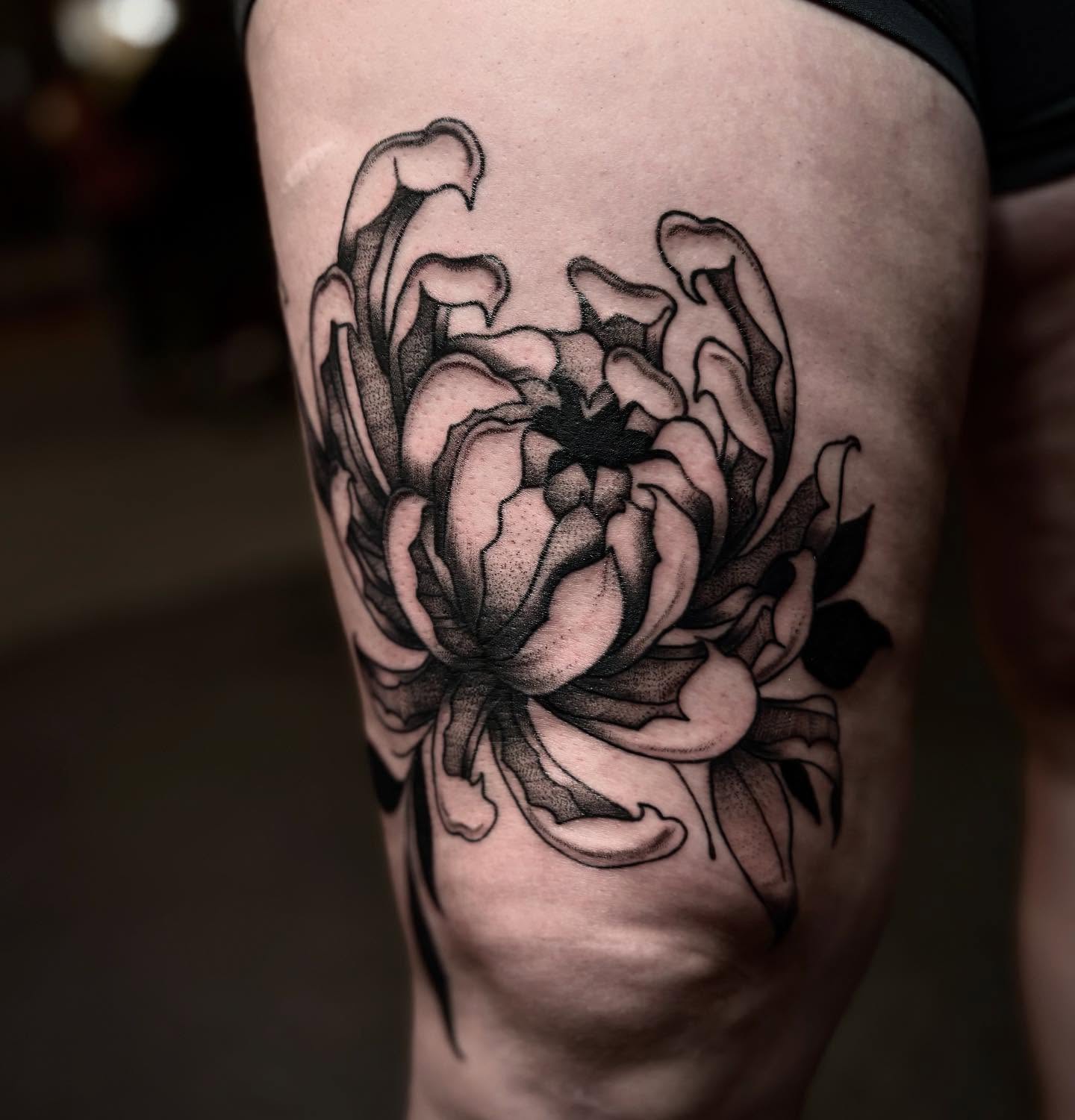 Peony dotwork tattoo on the thigh by ππ©π’π΅ππ«π‘π―π ππ¬π«π’π°
