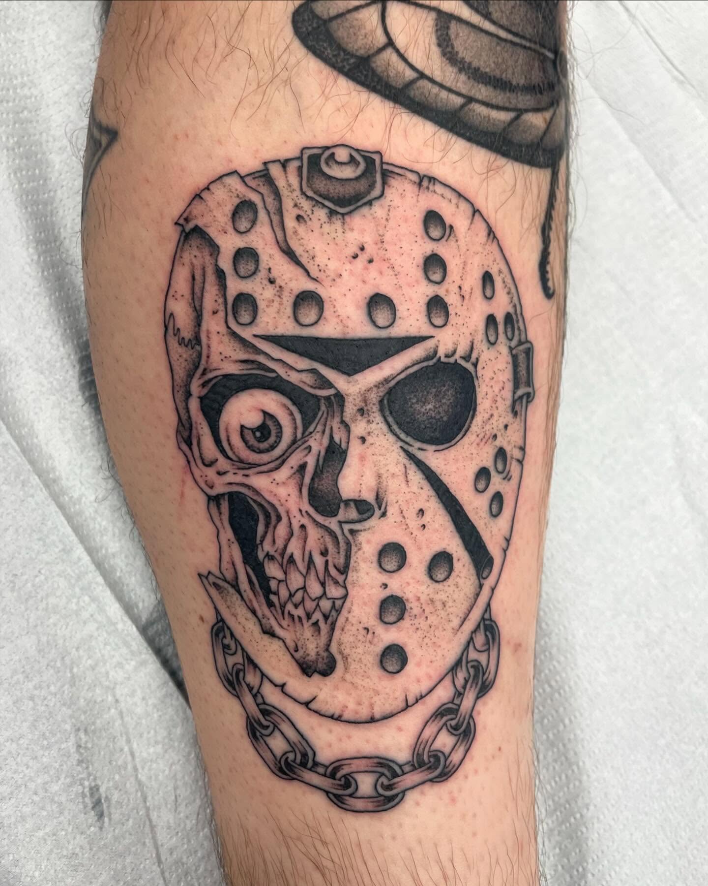 Jason voorhees mask realism tattoo on the forearm by Brayden P Tattoo