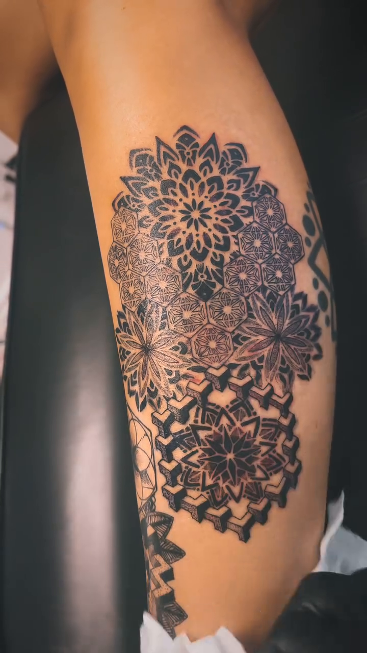 Mandala tattoo on leg geometric tattoo on the leg by Taylor Johnson
