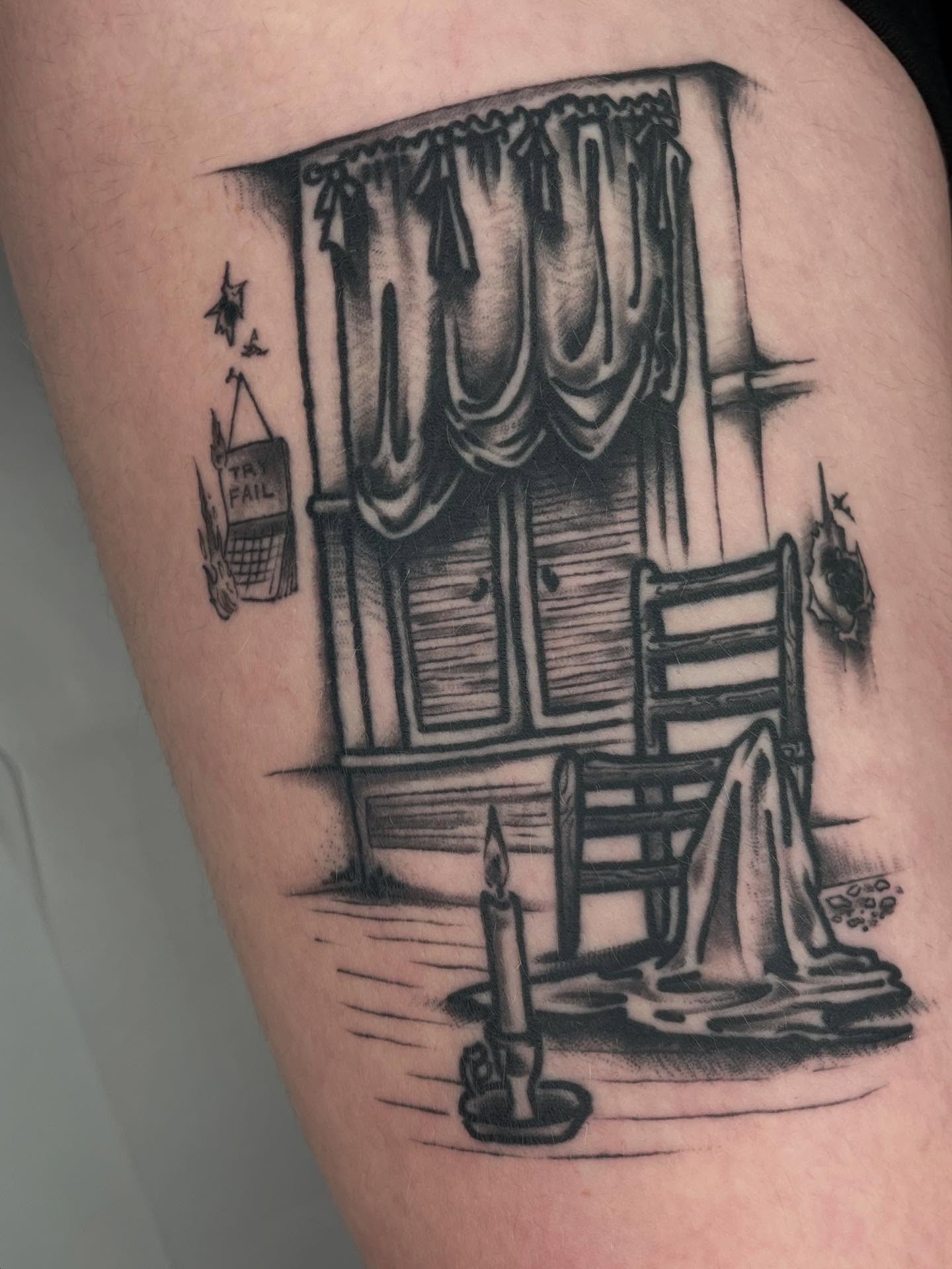 Window scene realism tattoo on the thigh by G. Clover ⚧︎, Chicago, Illinois