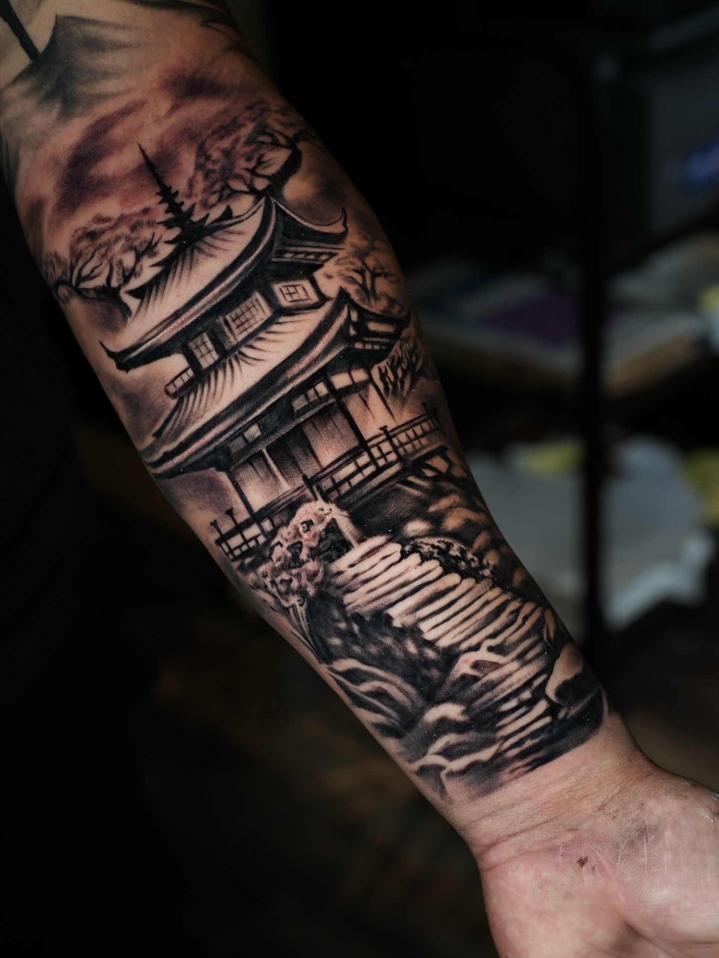Japanese temple realism tattoo on the forearm by BillydaKid