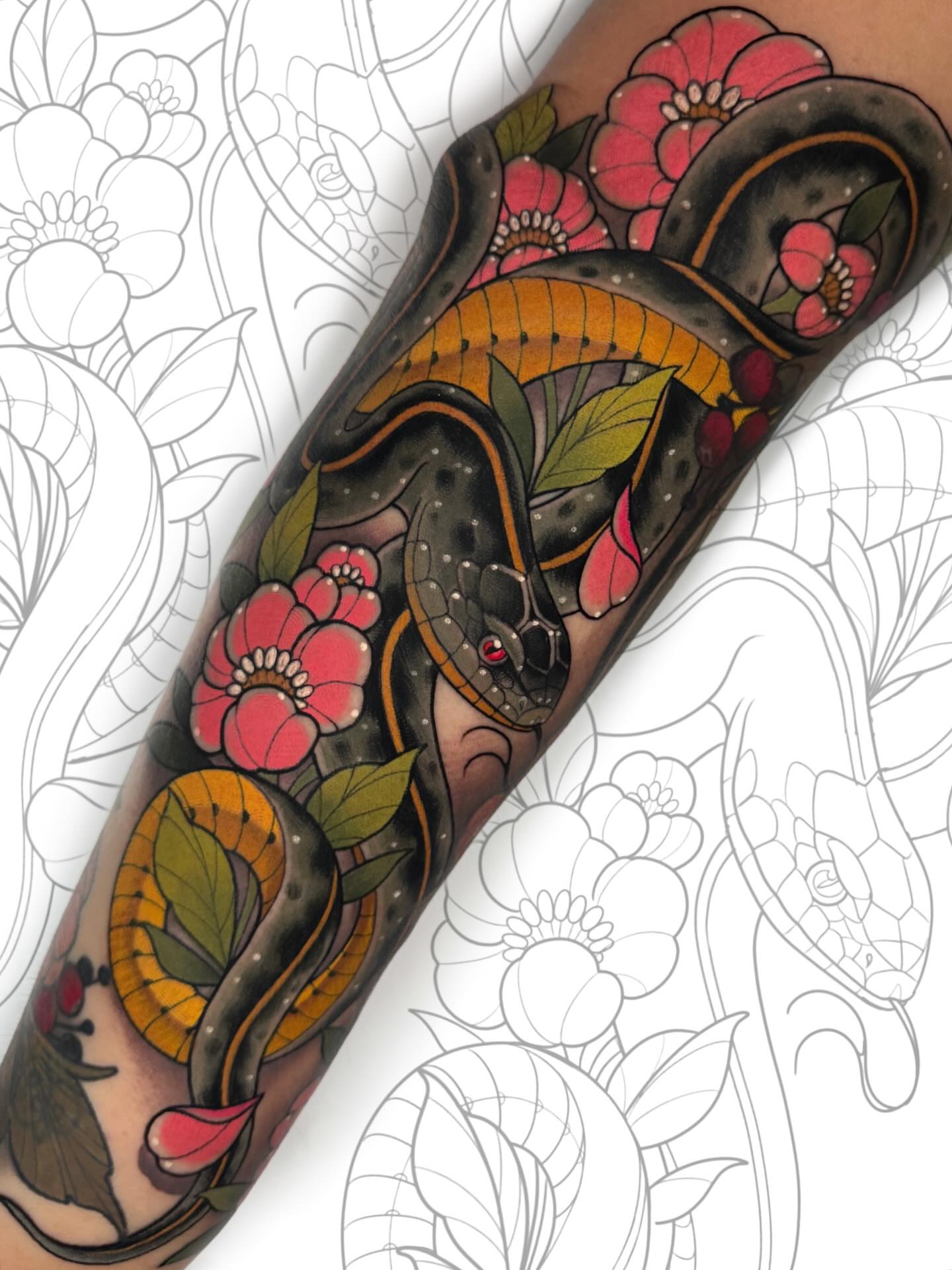 Snake and peony American traditional tattoo on the forearm by James Boag