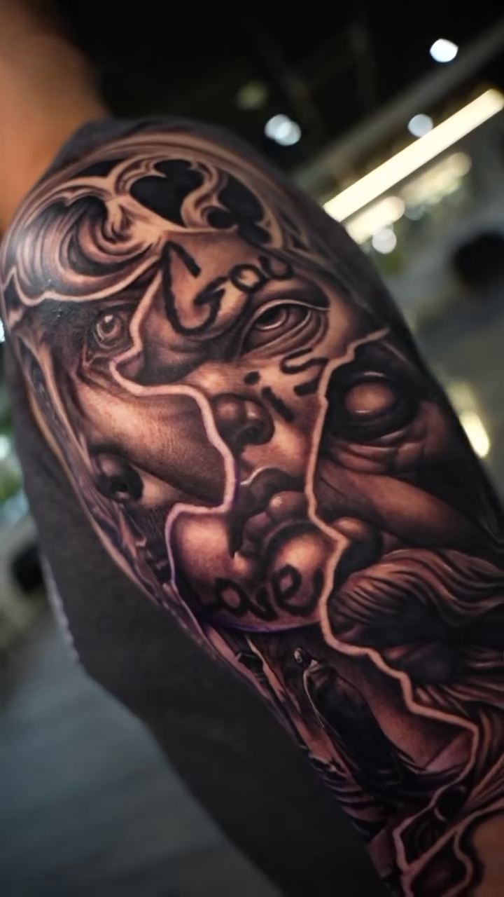 Mythological figure with ornate details realism tattoo by Rafa