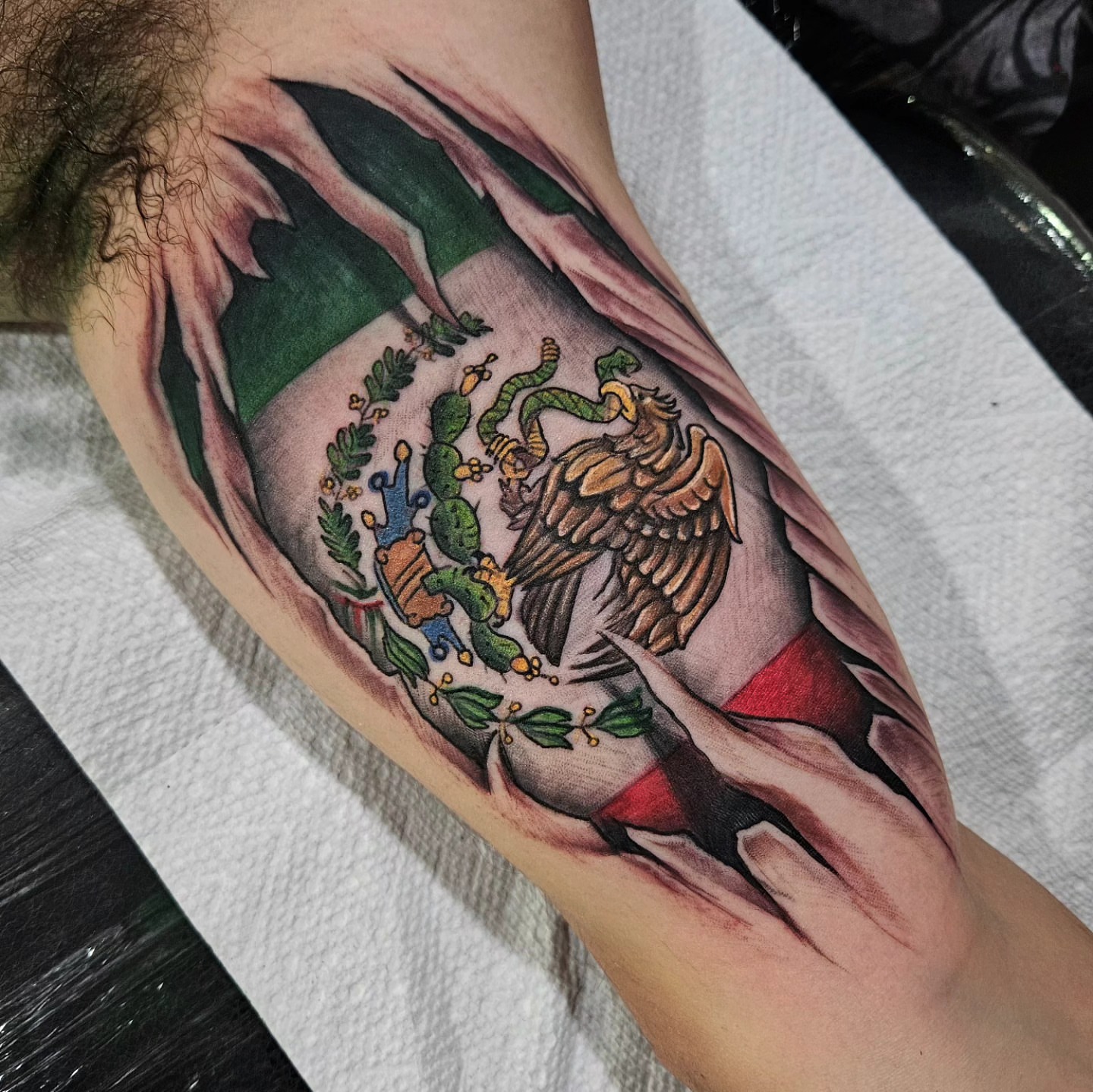 Mexican flag and eagle realism tattoo on the forearm by "El Jose" Tattoo