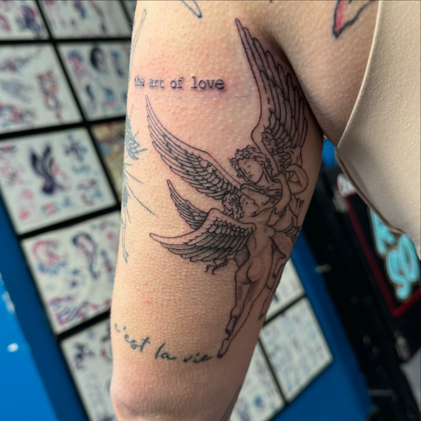 Angel black and grey tattoo on the forearm by Shannon, Cincinnati, Ohio
