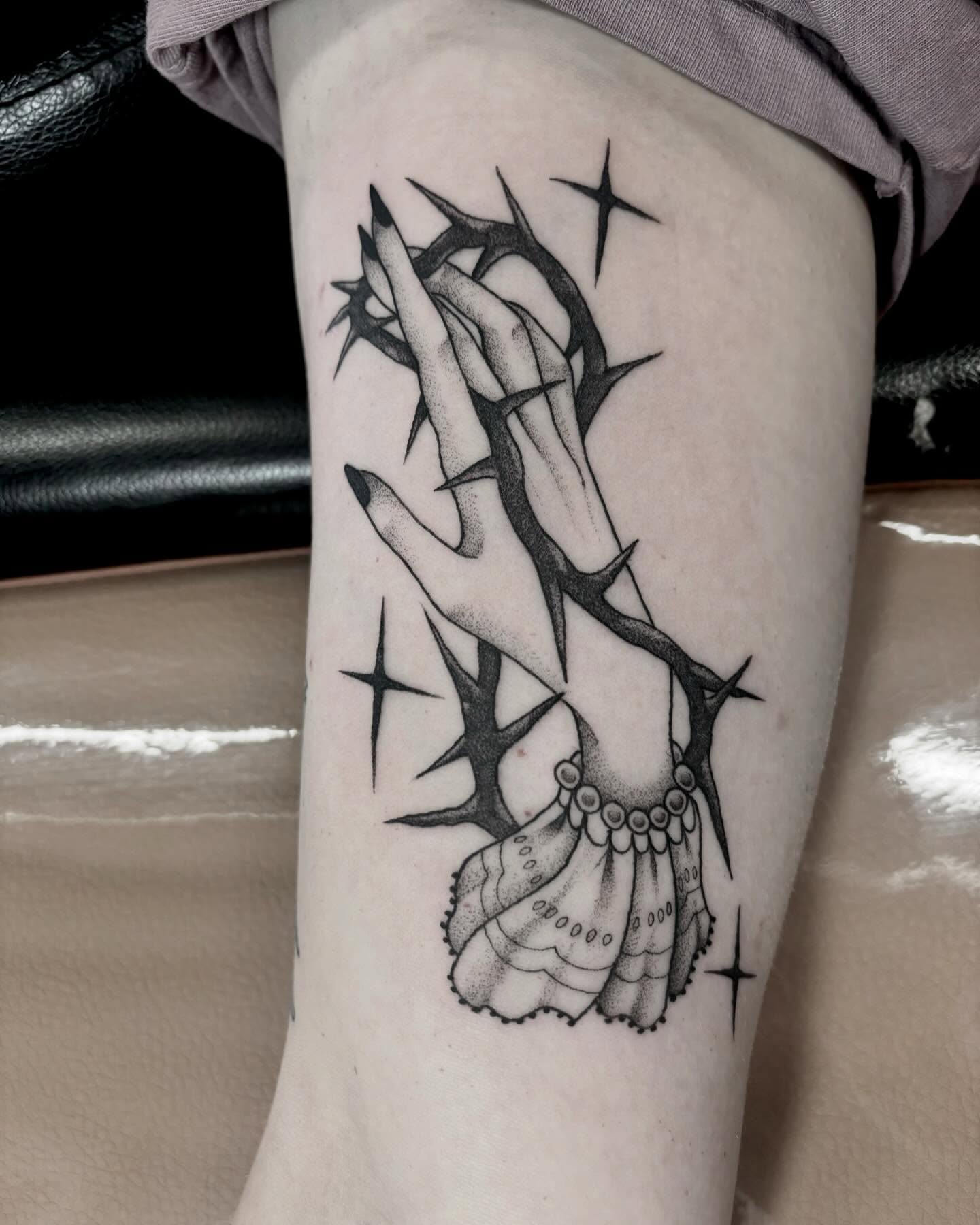 Hand with thorns and pearls cyber sigilism tattoo on the forearm by Zoe D