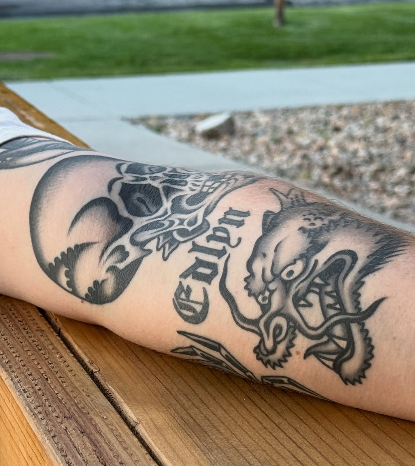 Tattoo by @dirtbagxchaz — black_and_grey