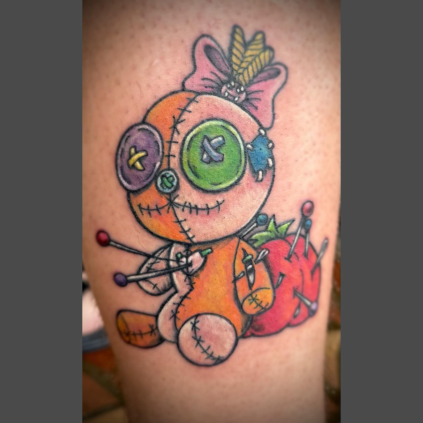 Stuffed toy tattoo on the thigh by Richard Nagy, New Orleans, Louisiana