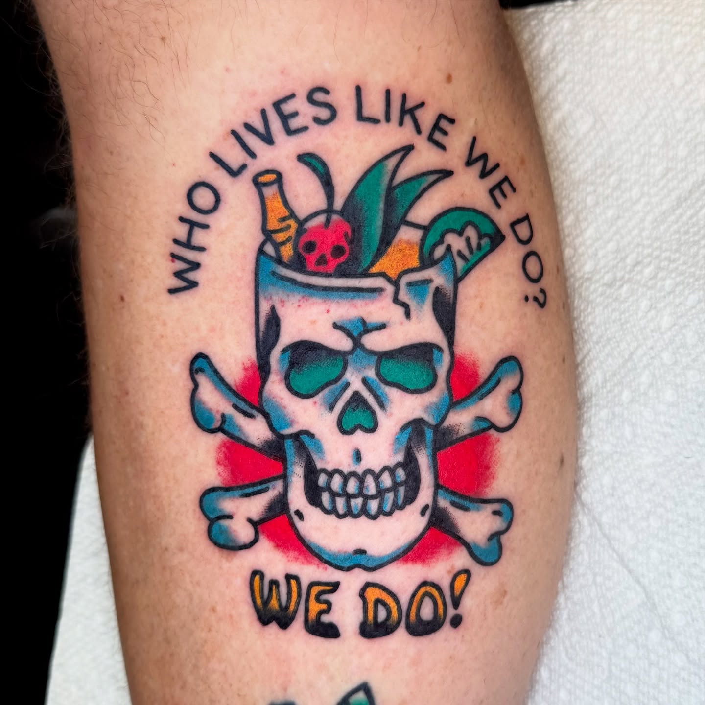 Skull and crossbones American traditional tattoo on the forearm by Buddy (Holiday) Orr, Las Vegas, Nevada